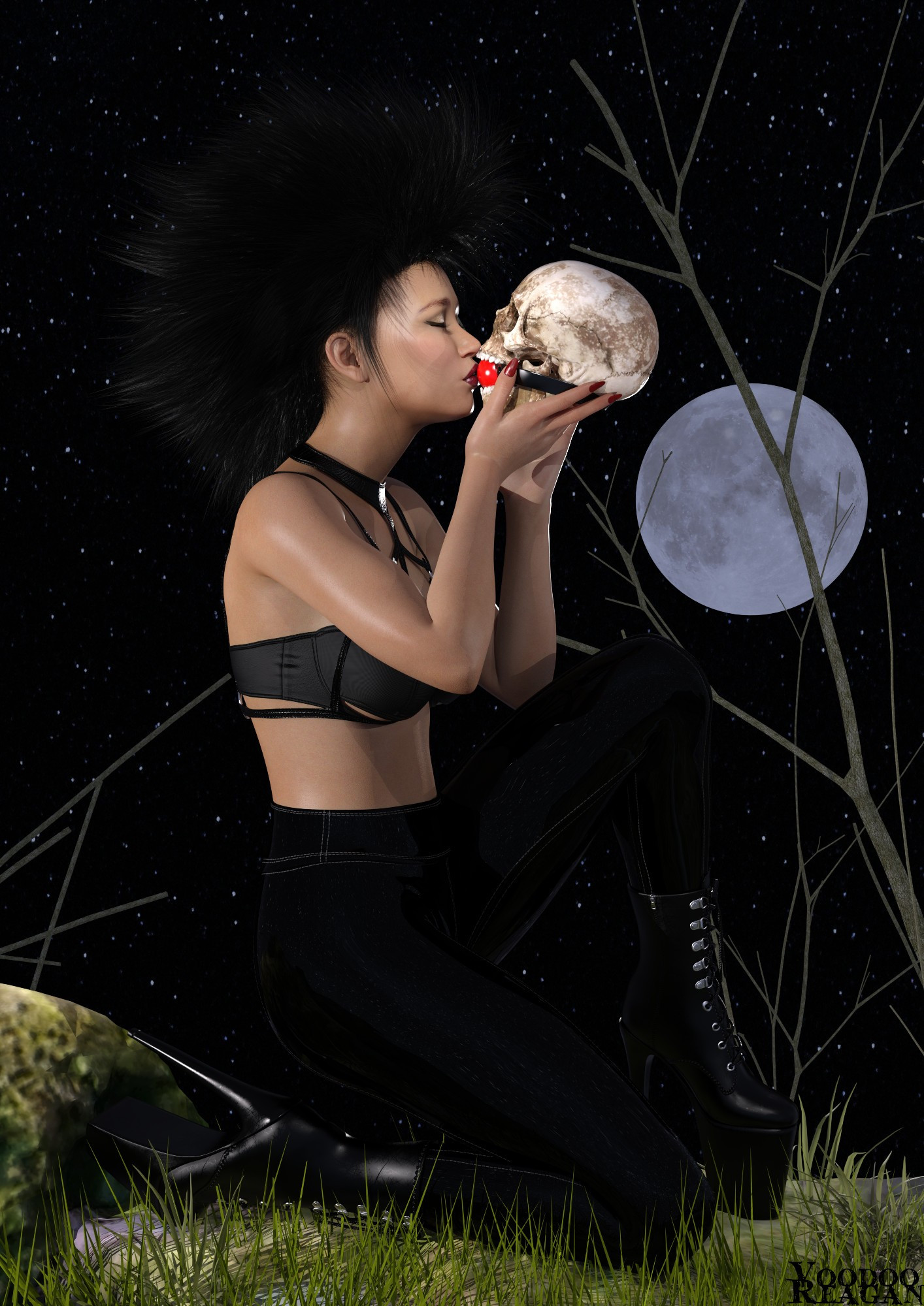 Death of the Endless (a perky pale-skinned goth with a black mohawk) holds up a skull that is ball-gagged (it looks suspiciously like Voodoo Reagan's profile picture) and kisses its ballgag. A starry sky and full moon is behind her.
This picture was made in January of 2023 in honor of my 666th follower on DeviantArt.