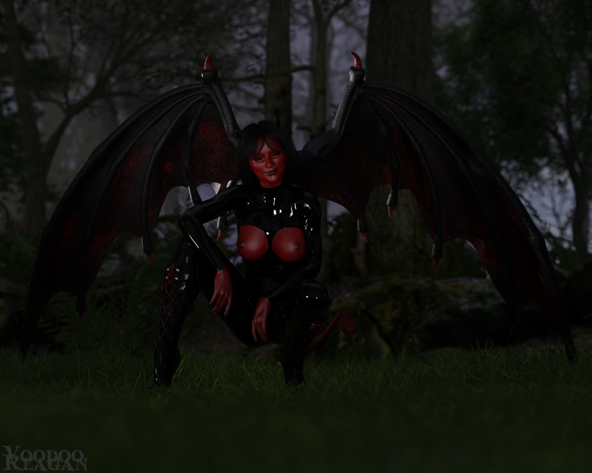 A dark forest surrounds a crouching red-skinned demon in black latex clothes. Large black and red wings spread from her shoulders and black horns sprout from her black hair. She is smirking at the viewer.