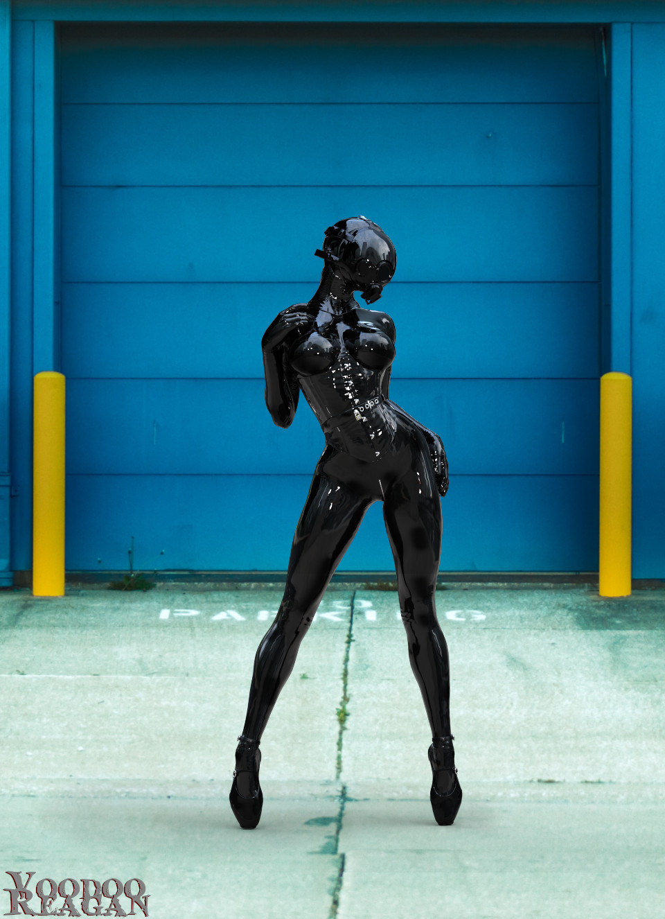 A latex drone poses in front of a large industrial door.