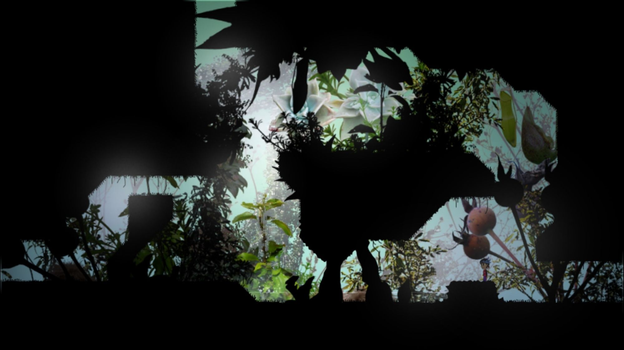 A screenshot of a 2d game. The scene is lightly tinted yellow and blue, filling much of the screen with some areas of pitch black. The whole background is awash in verdant backlit plants, giving the effect of a jungle on a sunny morning. The navigable space surrounds a central chunk and continues off the screen upward vertically, left over small obstacles, and to the right. The mood of the scene is bright and safe, like a shady spot in a humid greenhouse or arboretum.