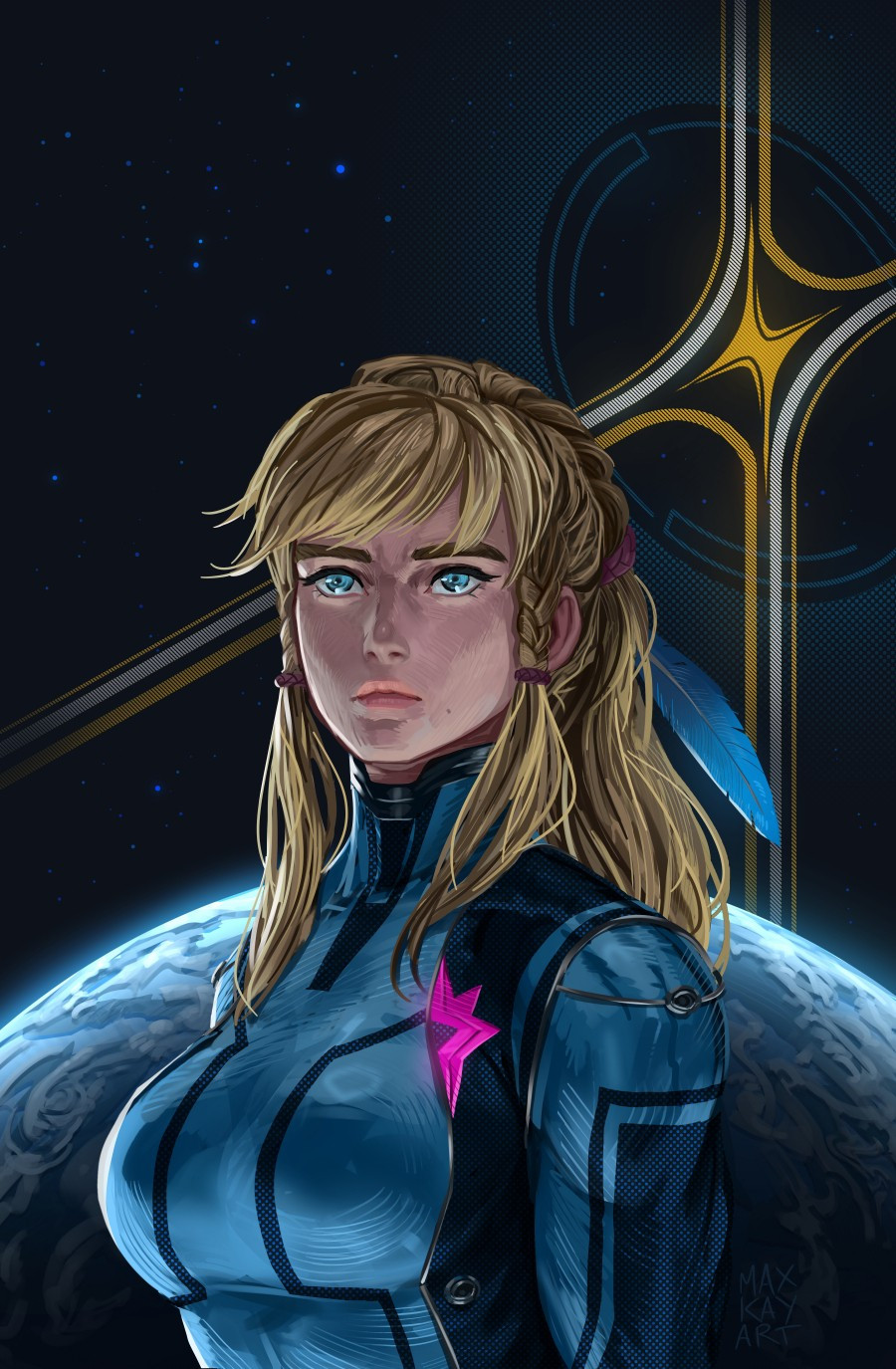 Samus Aran from the Metroid video game series. She is dressed in her Zero Suit, with braids and a feather in her hair, staring intently past the viewer. Superimposed behind her is a blue planet on a starry backdrop, and above it is the symbol of the Galactic Federation.