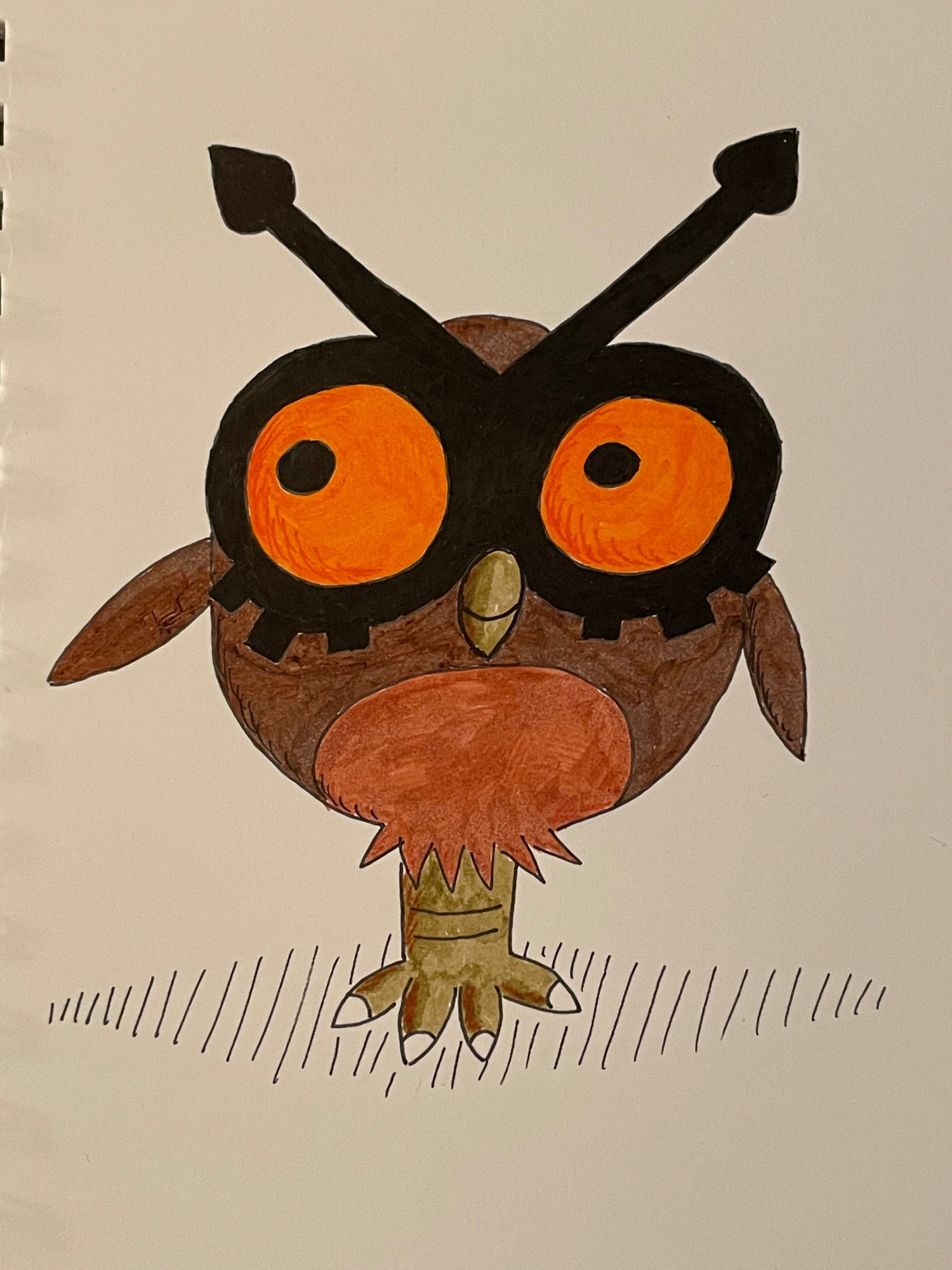 A drawing of the Pokemon Hoothoot, an owl like creature with orange eyes, a brown body, and a single leg and foot