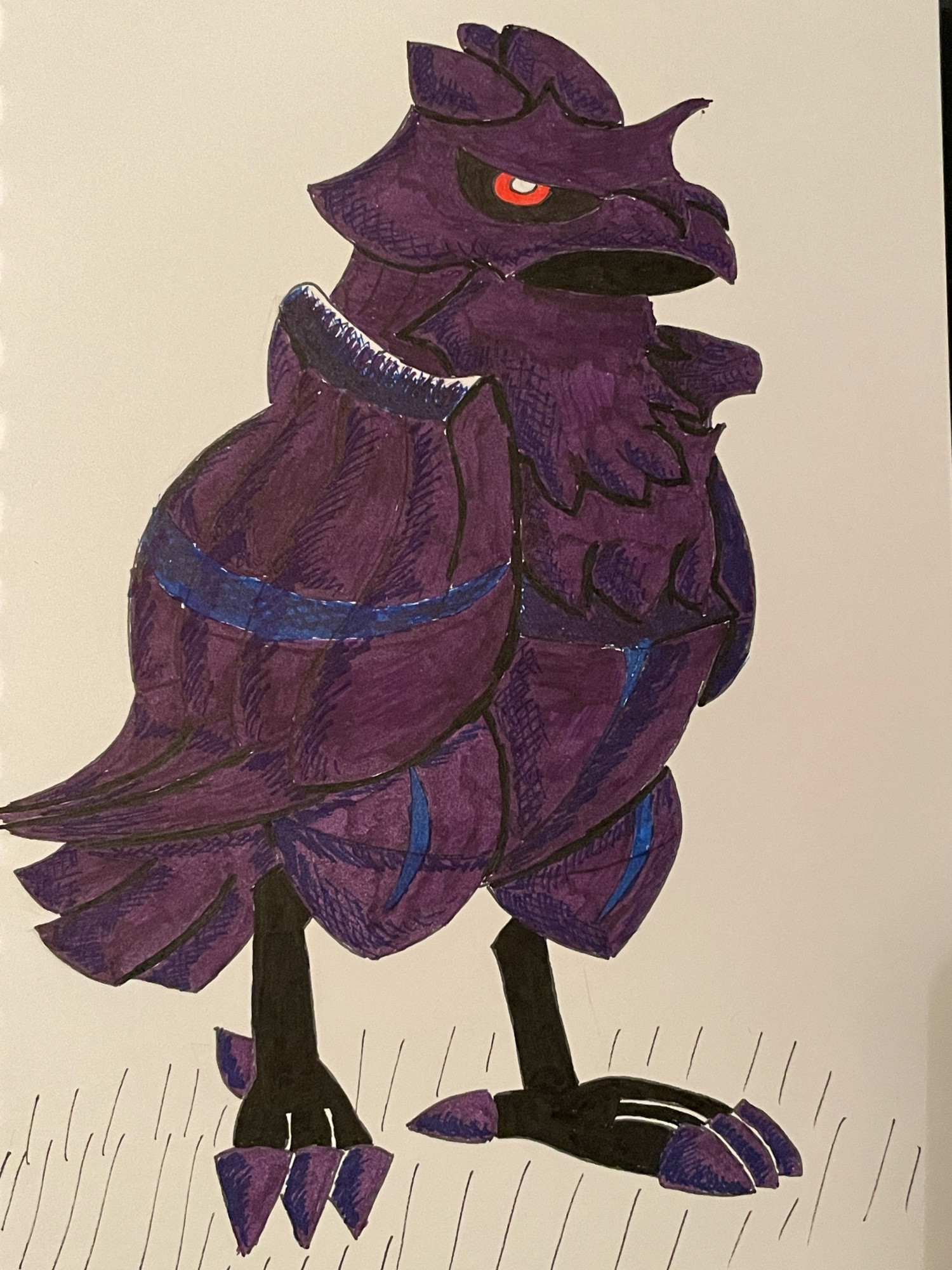 A drawing of the Pokemon Corviknight, a crow like creature with dark bluish and purplish feathers, with feathers and talons that simulate plate armor.