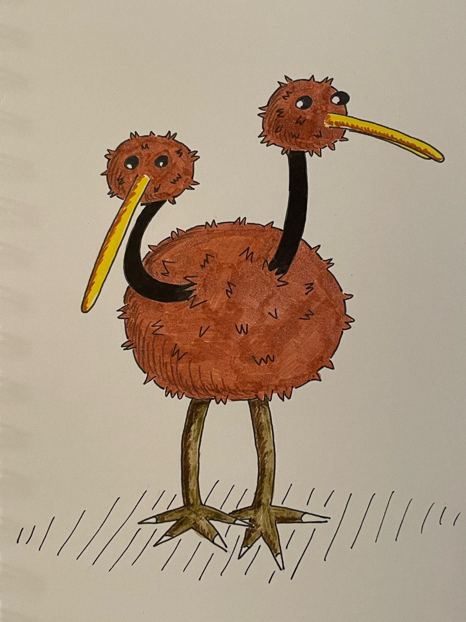 A drawing of the Pokemon Doduo, a bird-like creature somewhat like a kiwi bird, with fluffy feathers and no visible wings, and with two heads with long necks and long beaks.