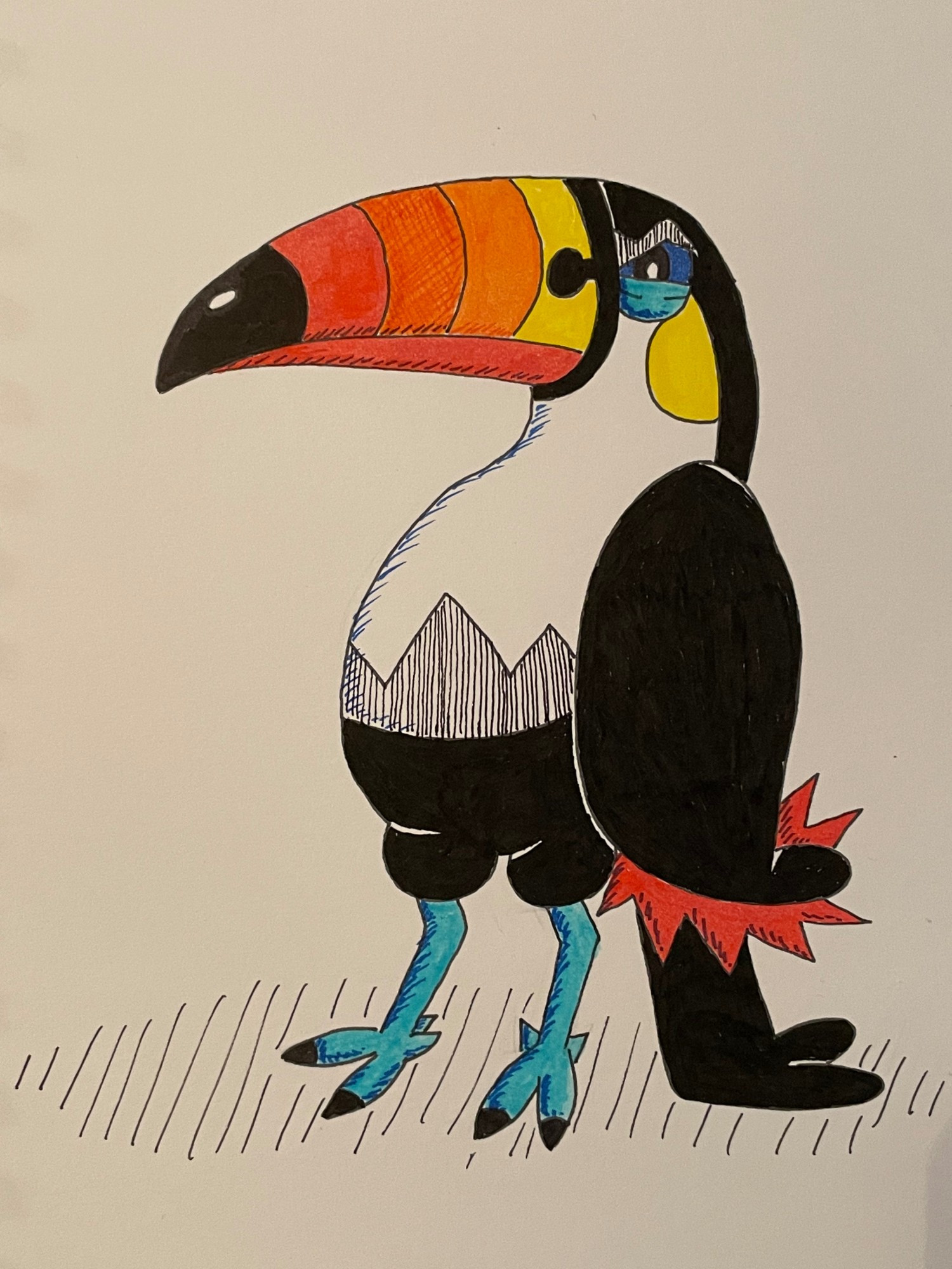 A drawing of the Pokemon Toucannon, a toucan like creature with a red, orange, and yellow striped beak, blue eyes and blue feet, black feathers, and a red crest around its tail.