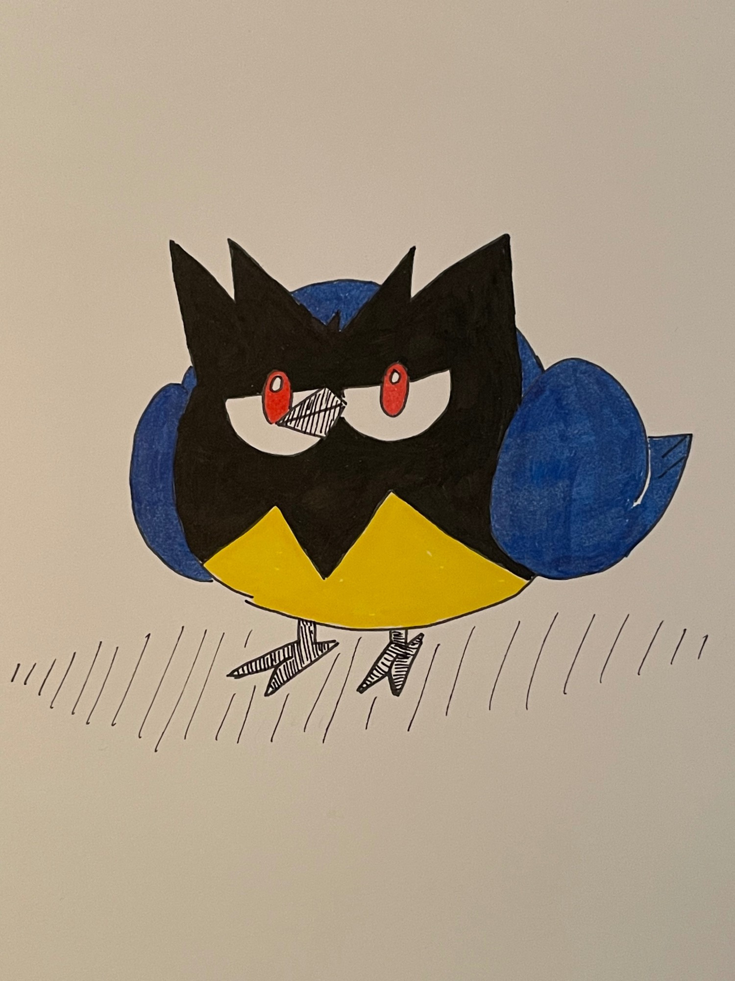 A drawing of the Pokemon Rookidee, a small bird like creature with black feathers around its face, red pupils, blue wing feathers, and a yellow breast.