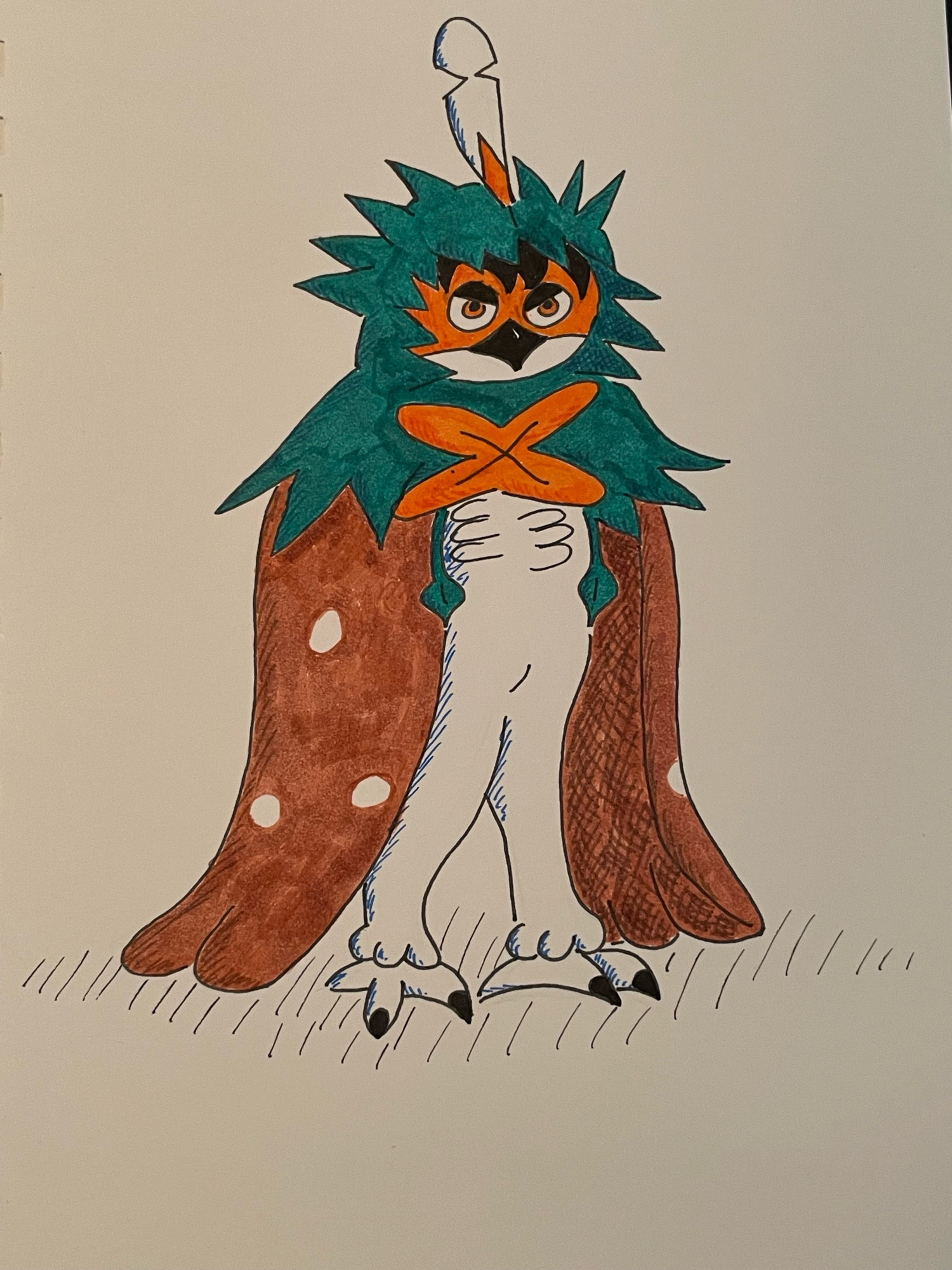 A drawing of the Pokemon Decidueye, an owl like humanoid creature, with feathers that simulate a green hood and brown cloak.