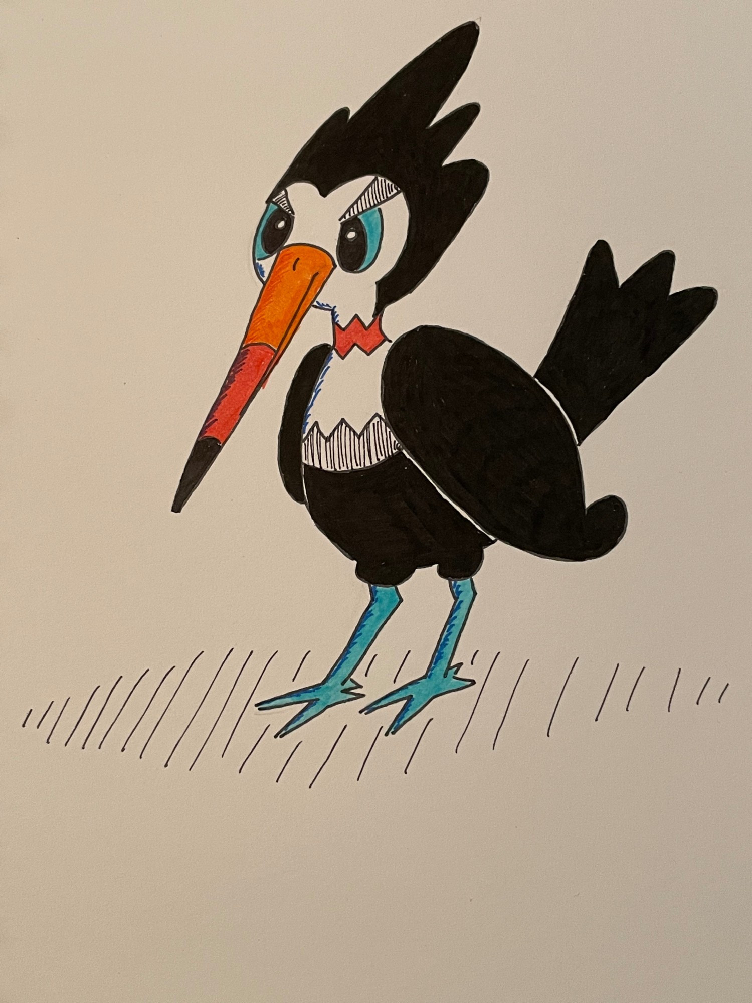 A drawing of the Pokemon Trumbeak, a medium sized bird with a long red and orange beak, black feathers, white face and breast, a red neck, and blue legs and feet.