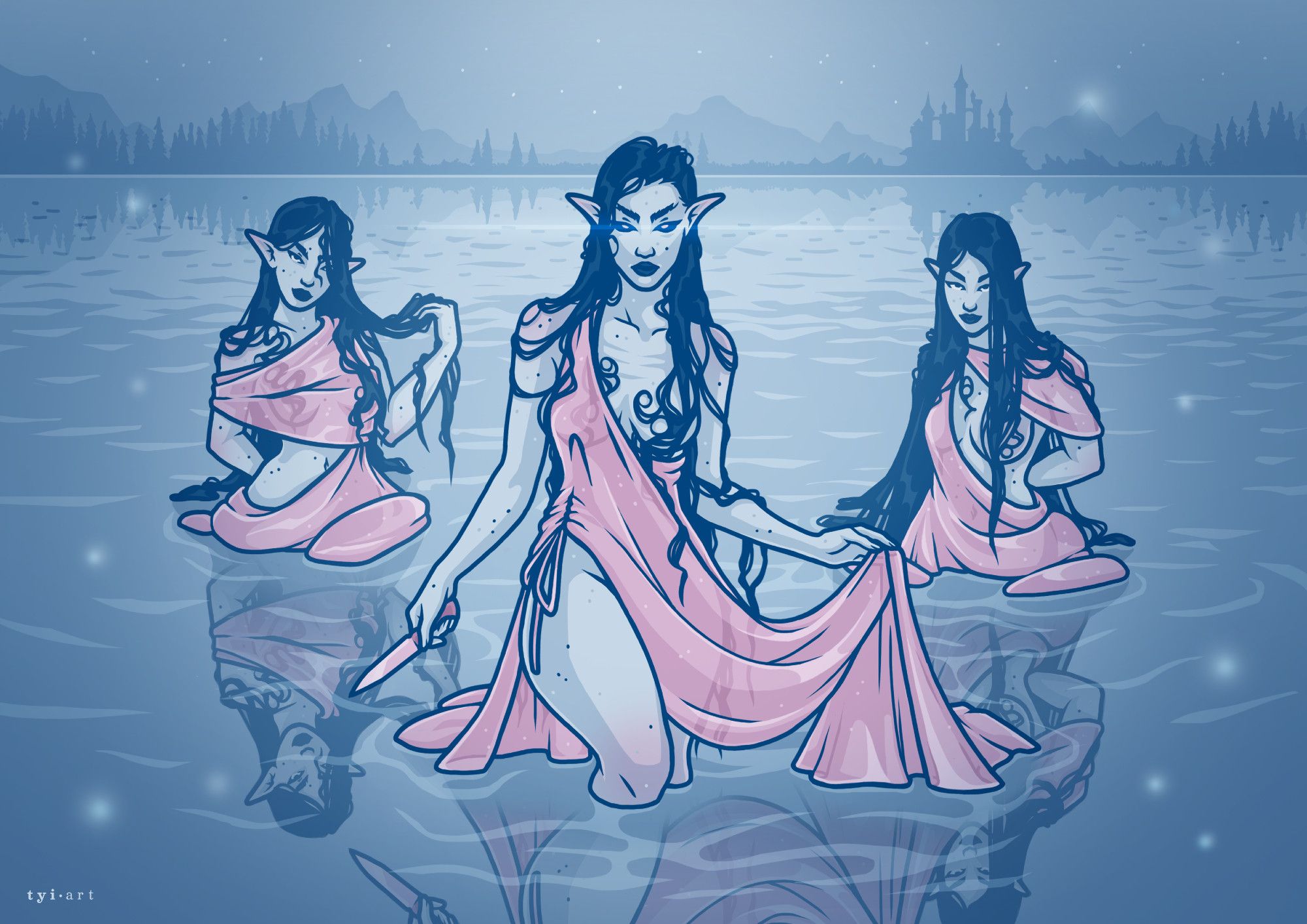 Three lightly clothed nymphs with blue skin and long wet hair coming out of the water towards the viewer, the middle one carrying a knife visibly while the others hide something behind their backs while acting shy. Behind them is a vast lake with a castle in the distance on the right.