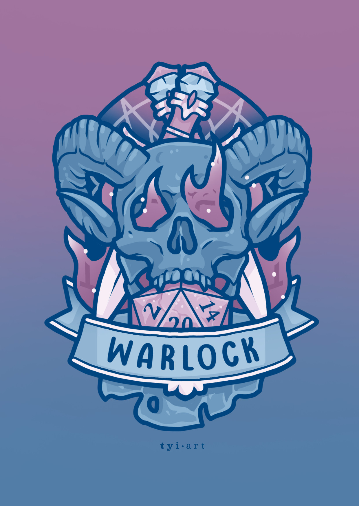 Digital design in the theme of DnD Warlock, with a blue horned skull holding a D20 die in its teeth, crossed daggers with flames behind it