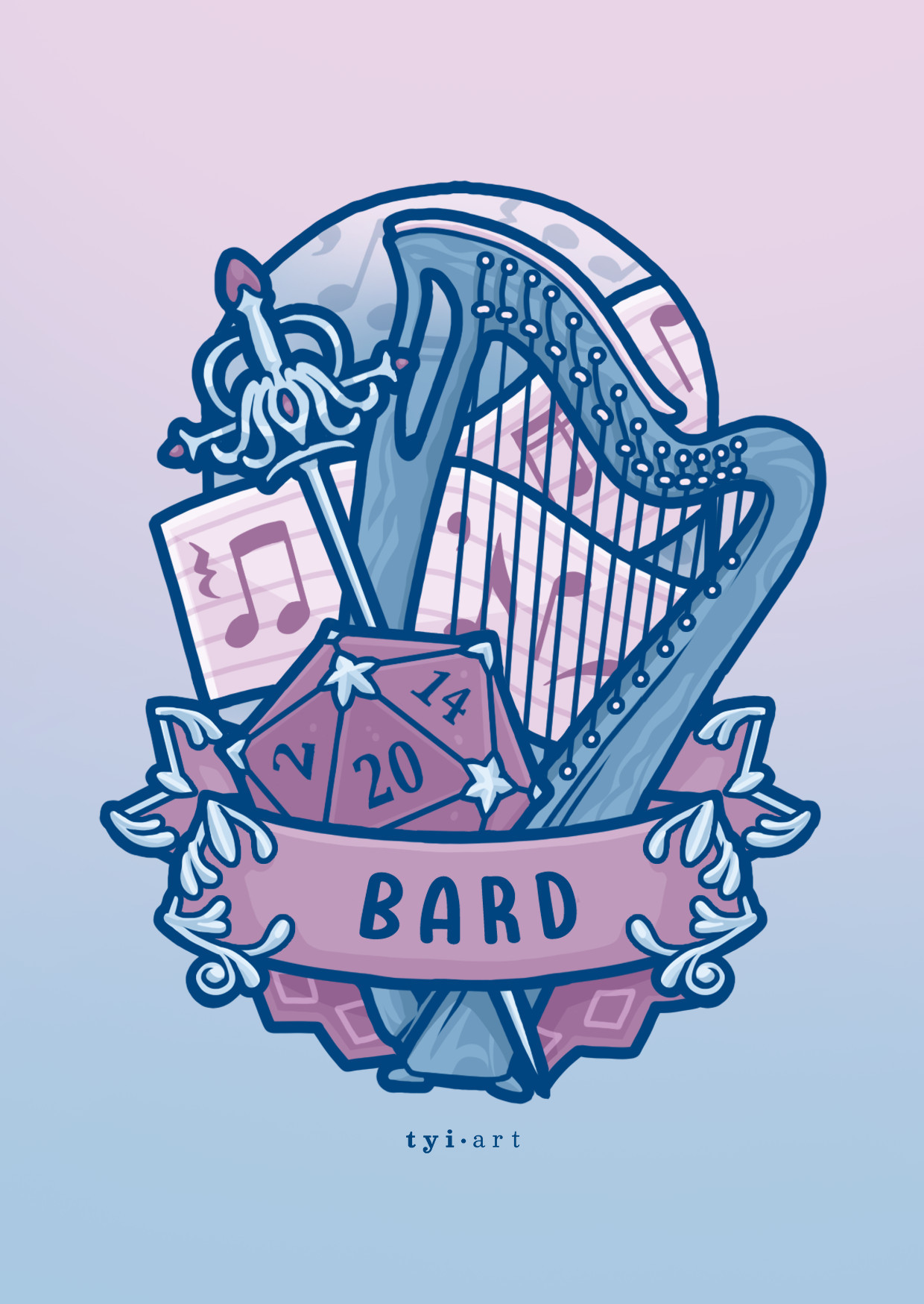 Digital design in the theme of DnD Bard, showing  a longsword, D20 die and a harp, with musical notes on the background