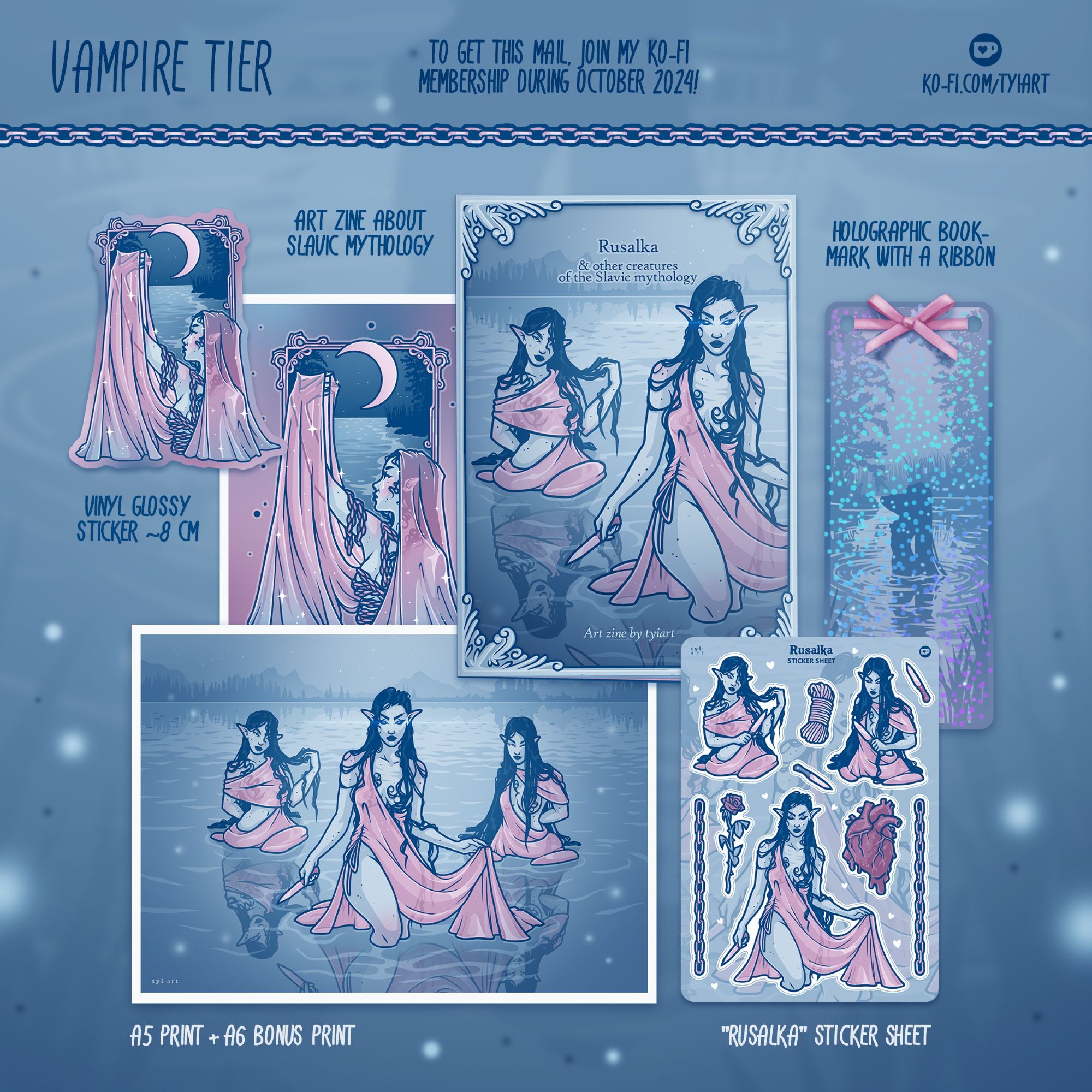 Digital mock-up of an art bundle of two art prints, a sticker sheet, a vinyl sticker a bookmark and an art zine. The theme is about "Rusalka", which is a water nymph from the Slavic mythology - the main artwork is of three nymphs coming out of the water towards the viewer. The text reads "Vampire tier; To get this mail, join my Kofi membership during October 2024!"