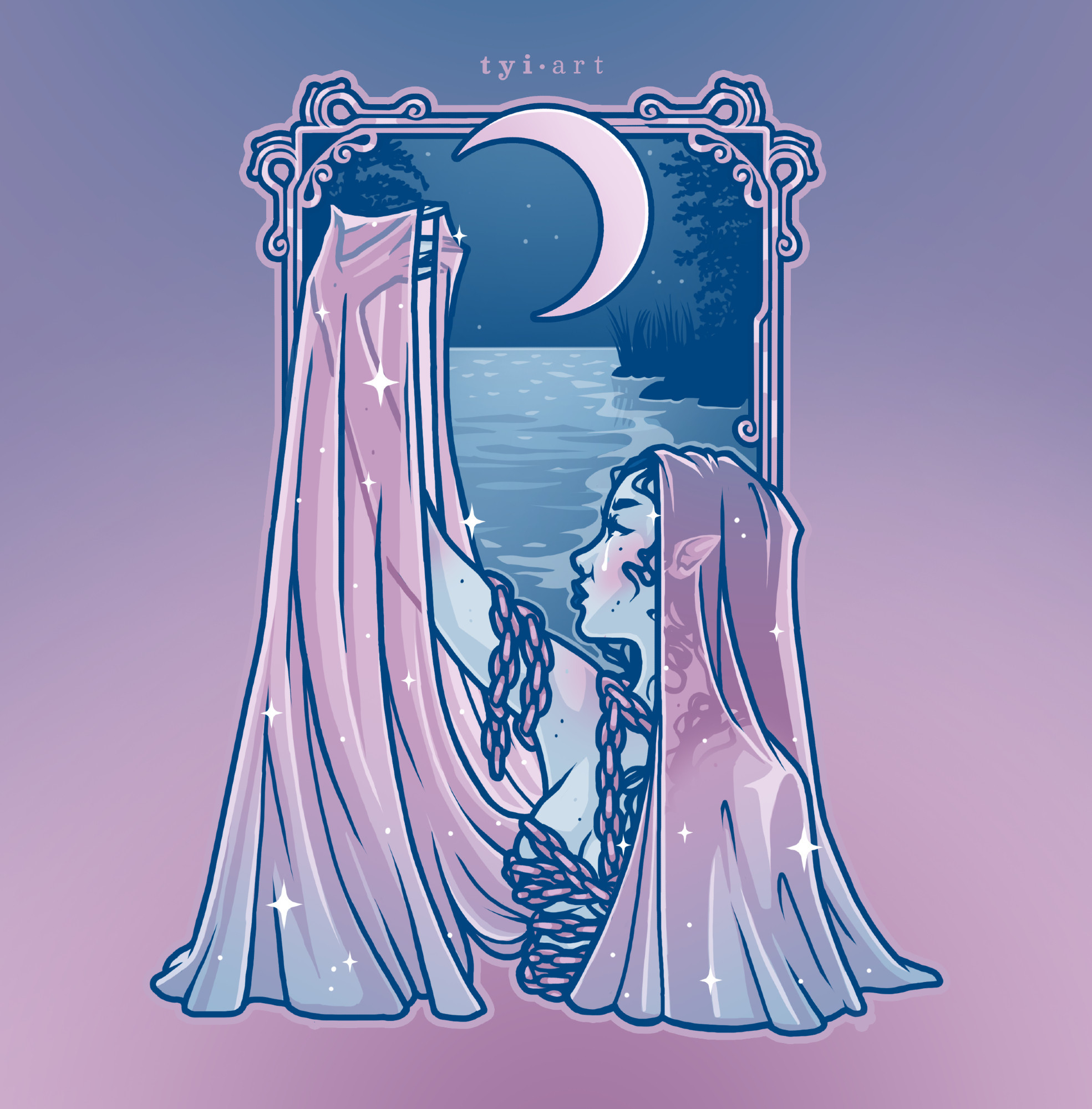 A water nymph with blue skin and veiled in wet, slightly see-through fabric, reaching her hand up the sky where there's crescent moon shining. She's standing in a shallow part of a lake, her body is entangled in chains and there's a single tear rolling down her cheek.