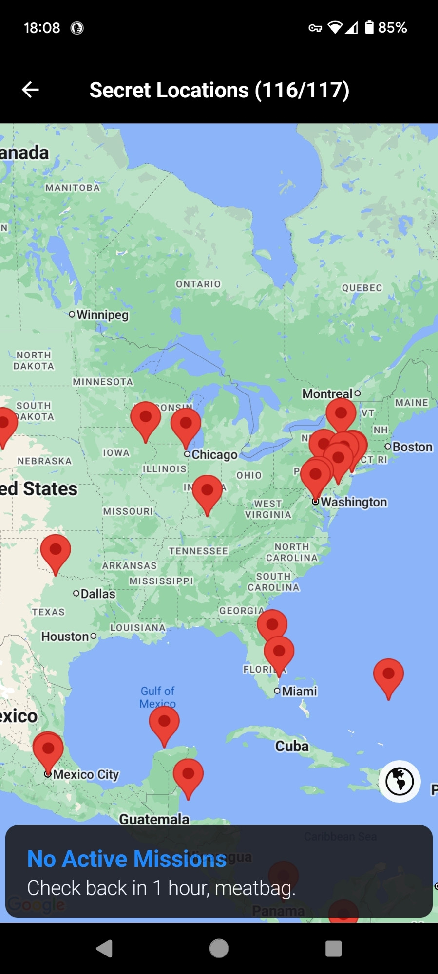 Carrot weather's secret locations page showing 116/117 found locations and a toast titled No Active Missions and telling me to check back in in 1 hour, meatbag