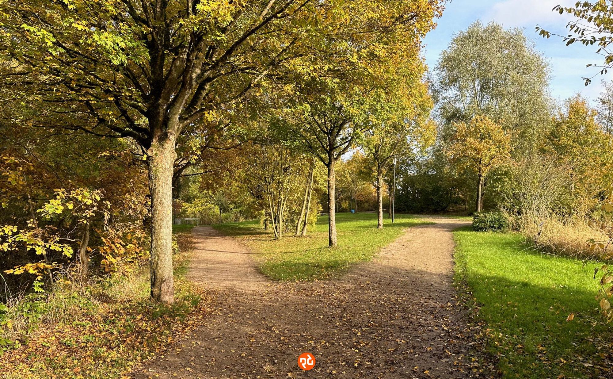 Farbfoto, Querformat: Blick in den herbstlich verfärbten Park. In der Bildmitte eine Gabelung des Spazierweg, dazwischen Grasflächen mit bunten Laubbäumen. Rechts oben im Bild ein Stück verschleierter blauer Himmel.