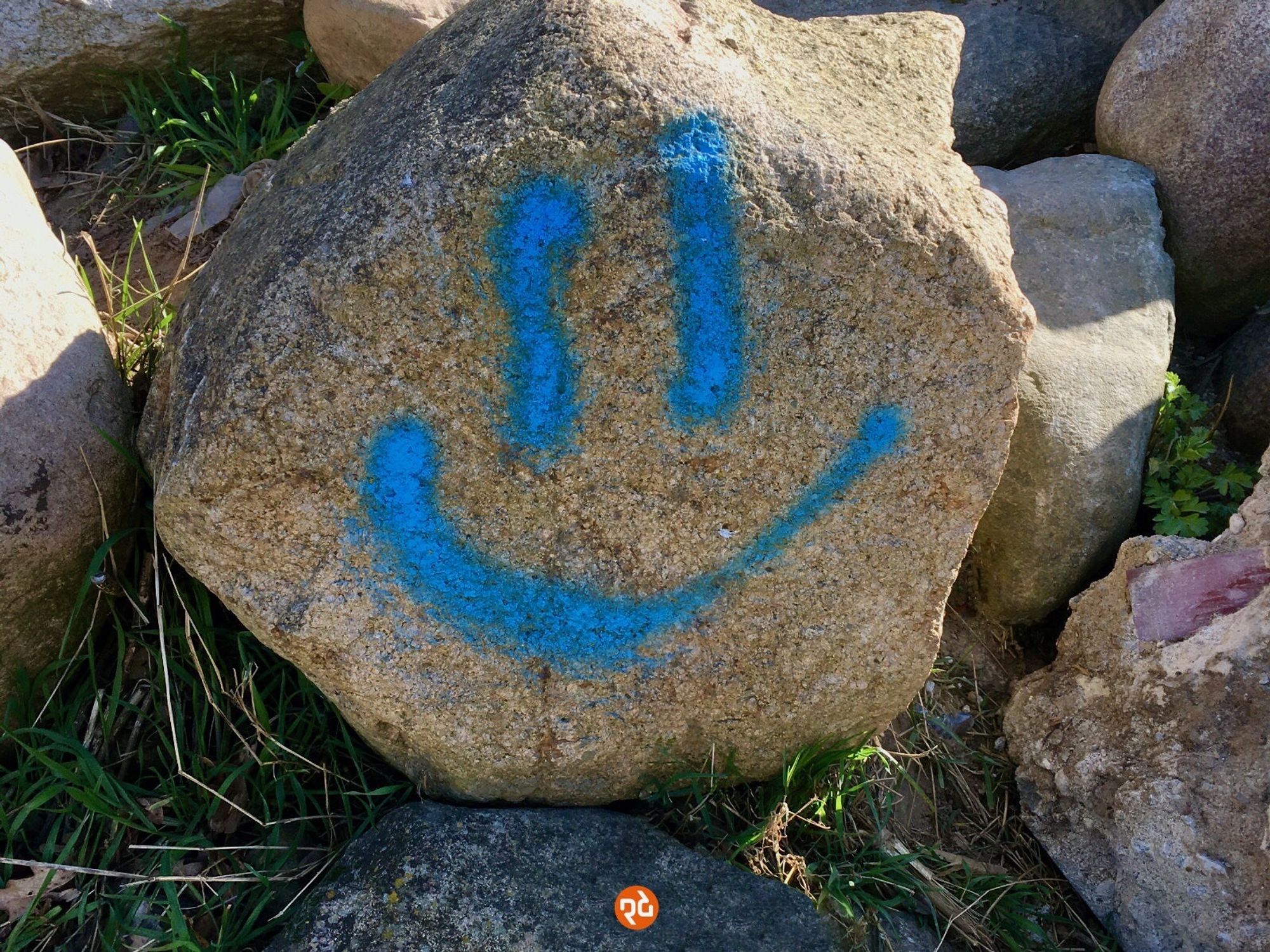 Farbfoto, Querformat: Lachender blauer Smiley auf einem großen Naturstein.