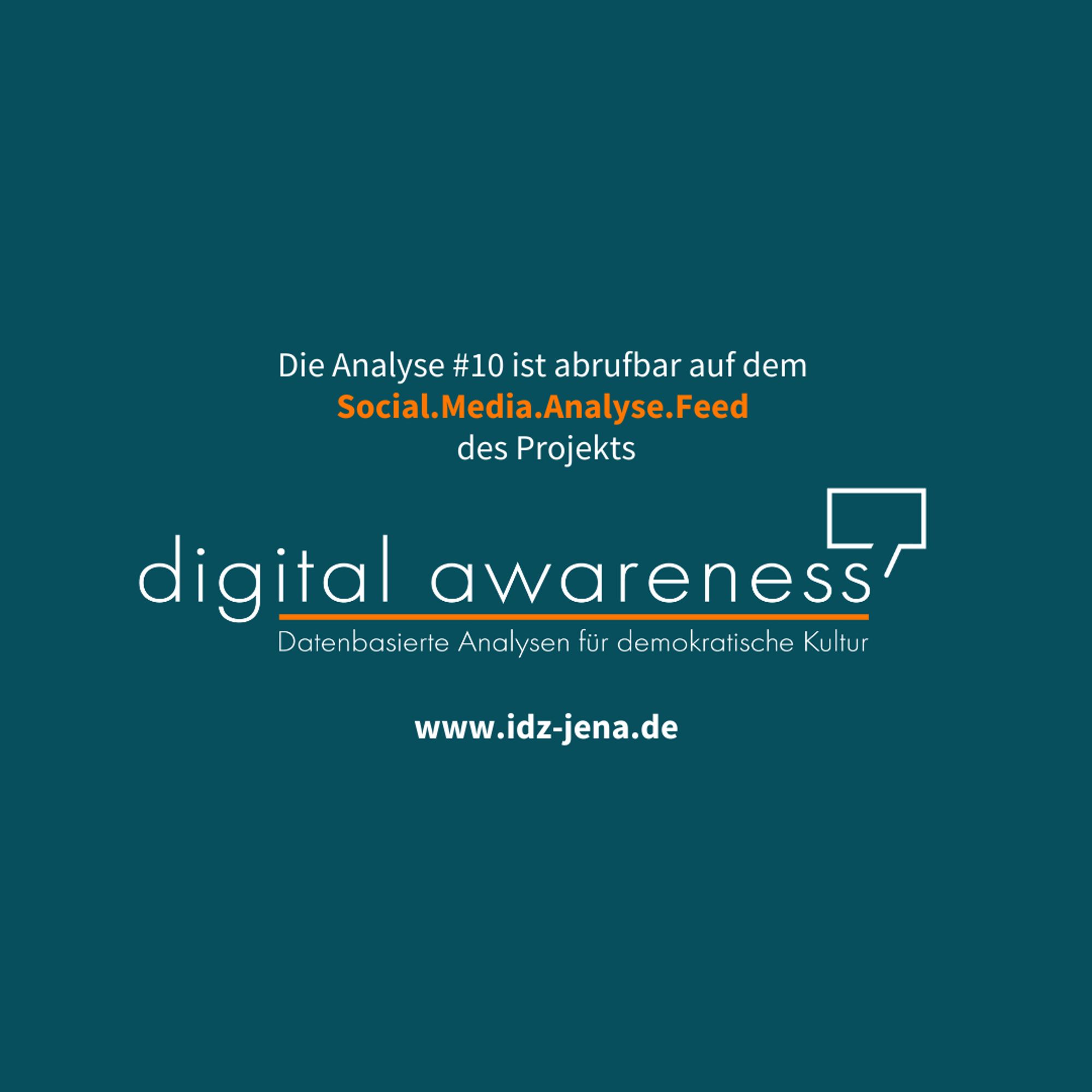 Das Sharepic ist vom Hintergrund in patrol. Es gibt einen zentrierten Text, der auf auf den Social.Media.Analyse.Feed verweist, wo die Beiträge vom Projekt Digital Awareness veröffentlicht werden. Darunter ist das Logo vom Projekt nochmal mittig und zentriert abgebildet. Darunter in klein die Homepage vom IDZ "www.idz-jena.de".