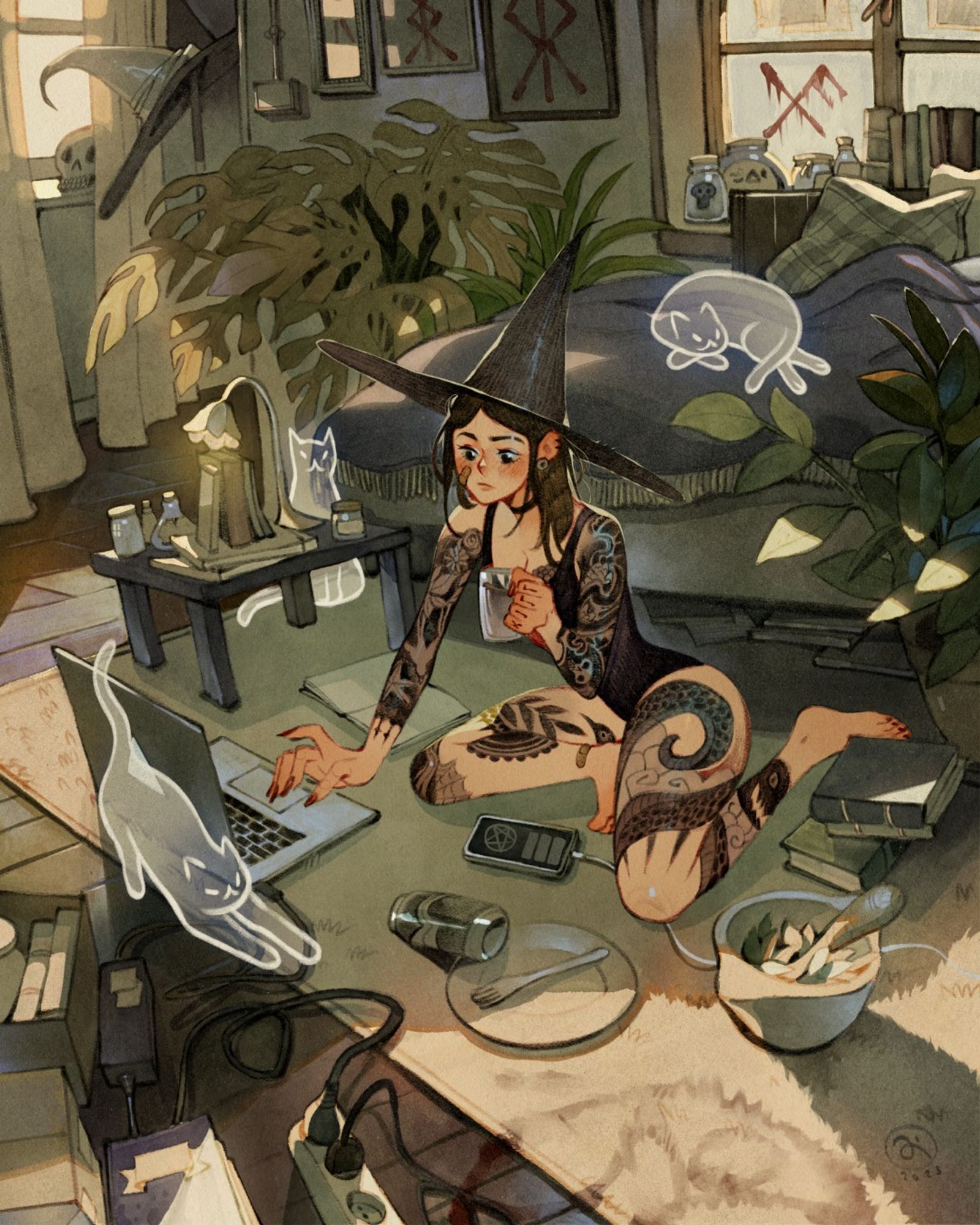 A witch drinking tea while working on their laptop, surrounded by ghost cats and magic runes.