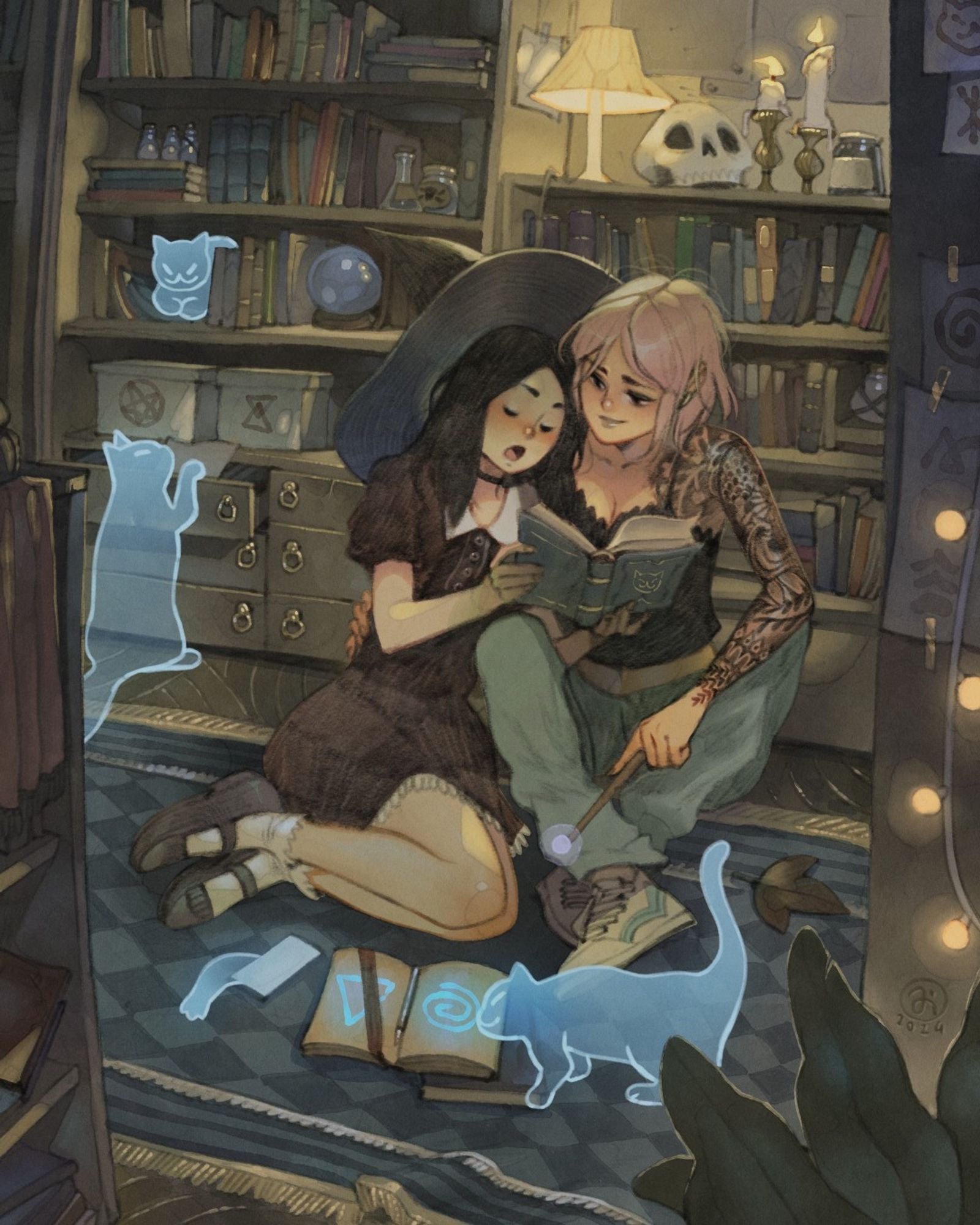 Two character reading a book in a library surrounded by ghost cats.