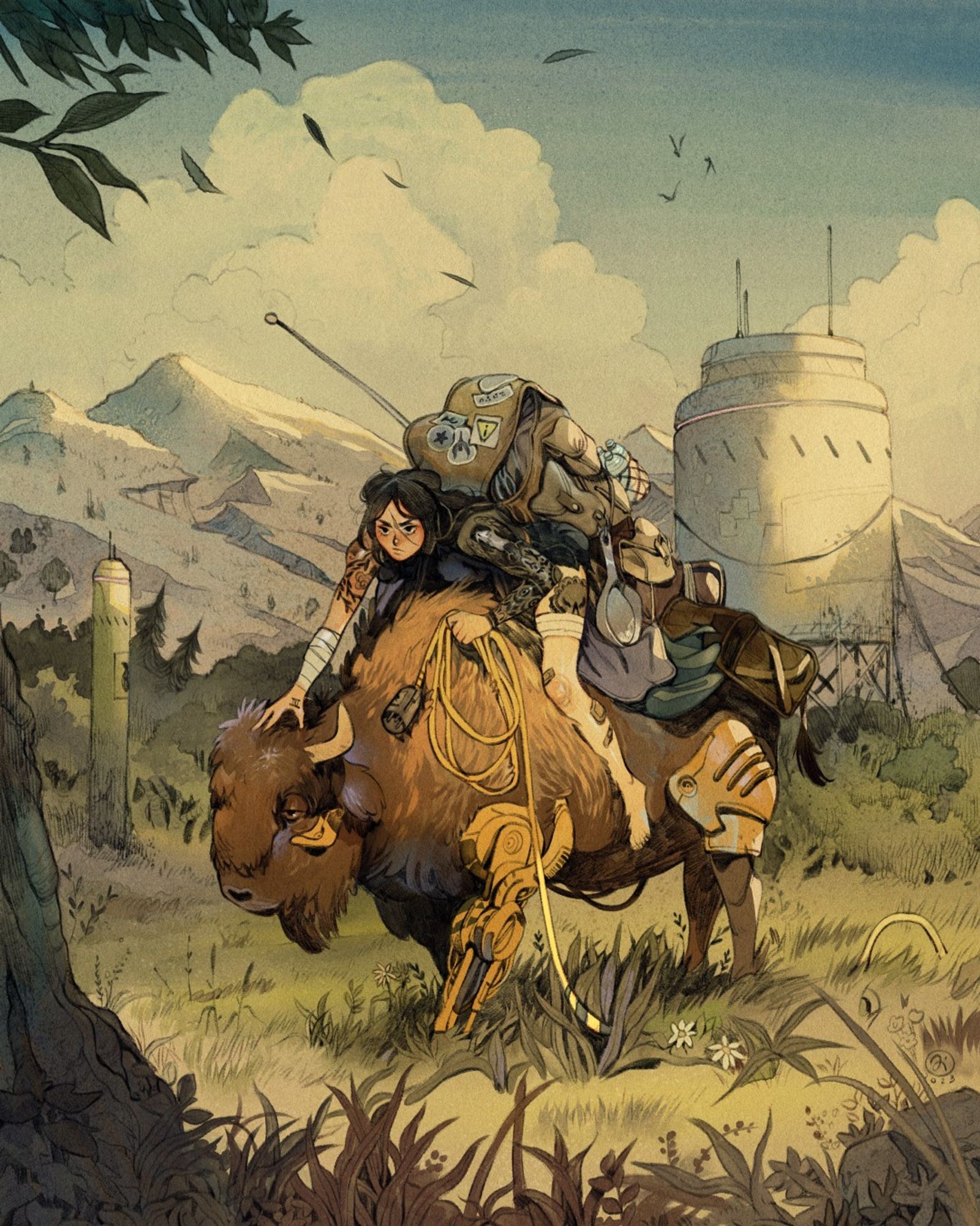 An adventurer riding a Bison with a cable in their hands and a big backpack on their back. The bison has mechanic parts and the background shows mountains and some futuristic looking buildings.