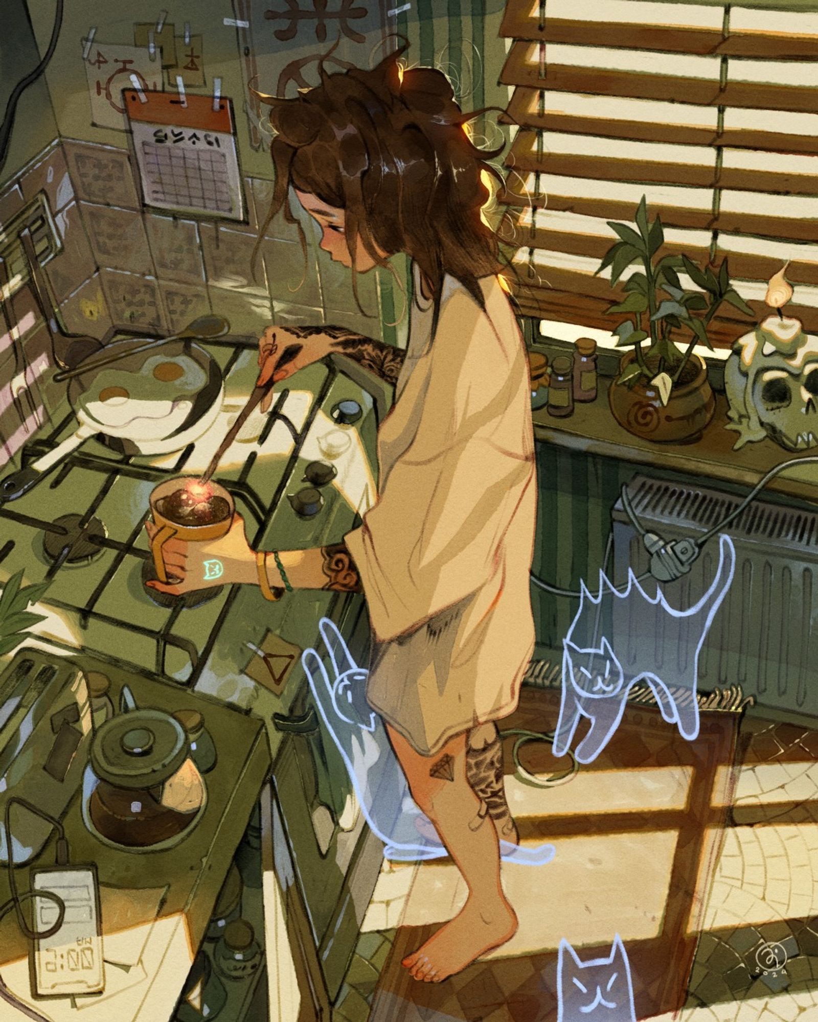 A character warming up coffee with a magic wand, surrounded by ghost cats. The scene has lights coming from windows and a morning feel to it. On the stove there are some eggs.