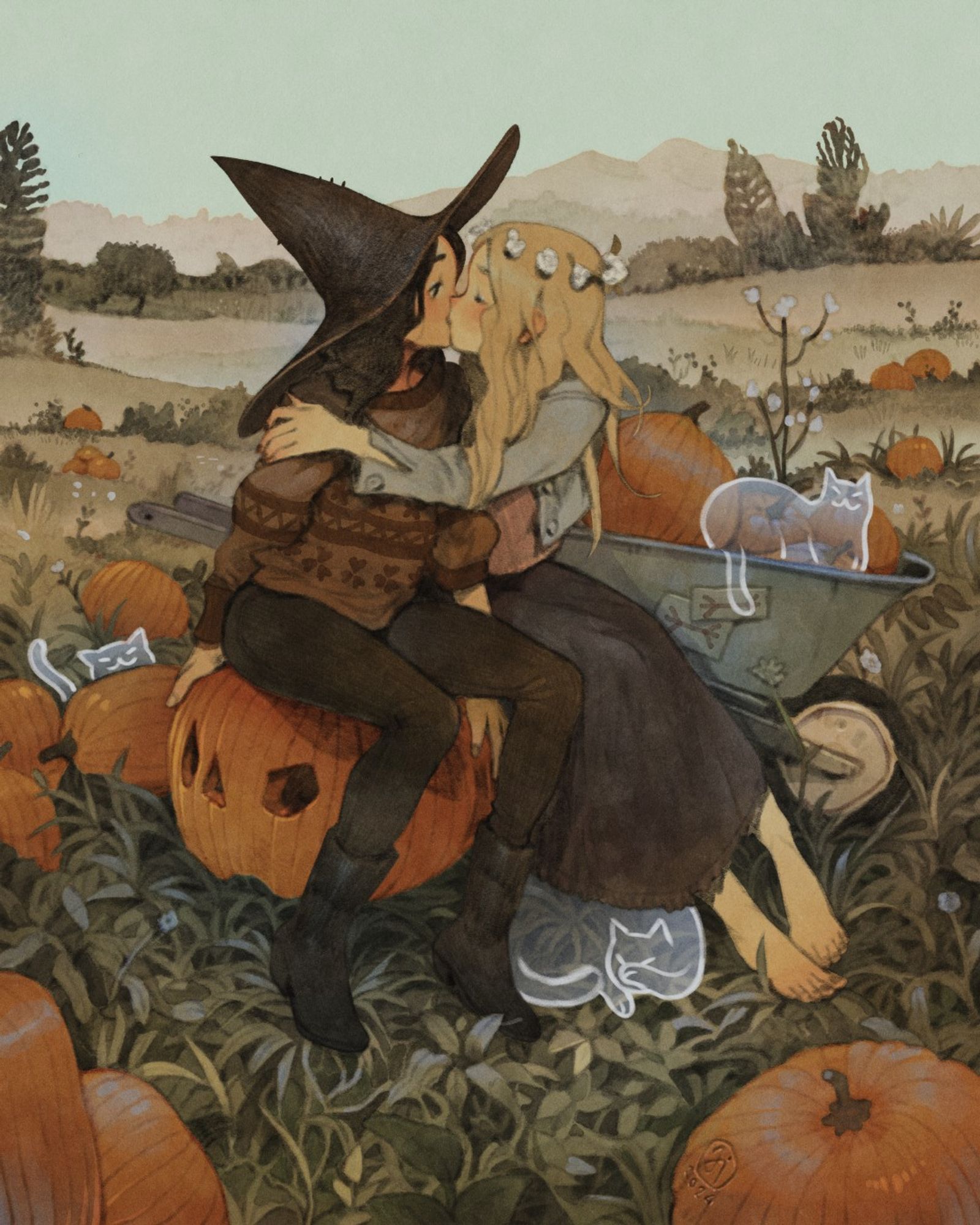 Two characters kissing each otherr in a pumpkin patch surrounded by ghost cats.