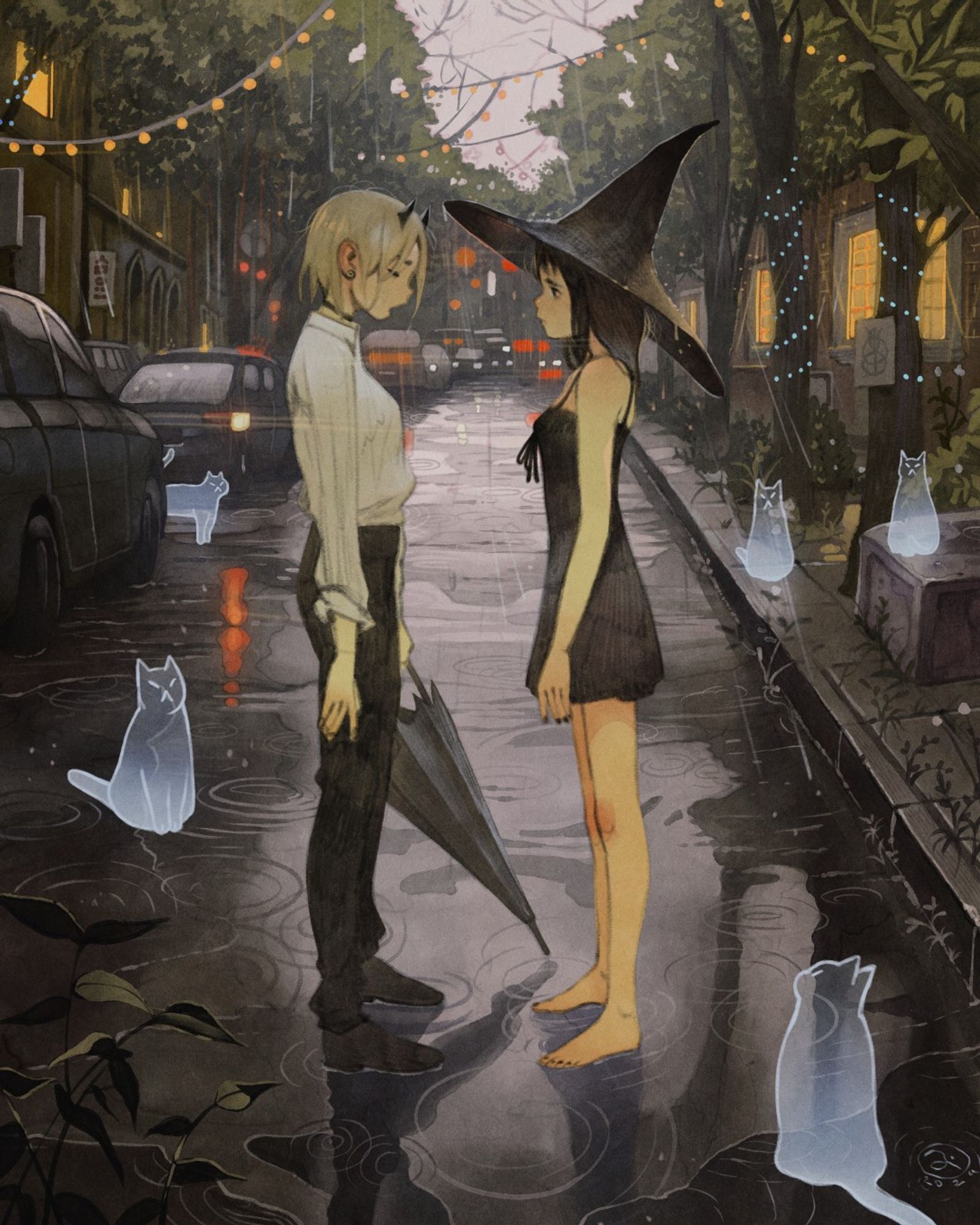 Two characters talking under the rain in the middle of the road, surrounded by ghost cats.