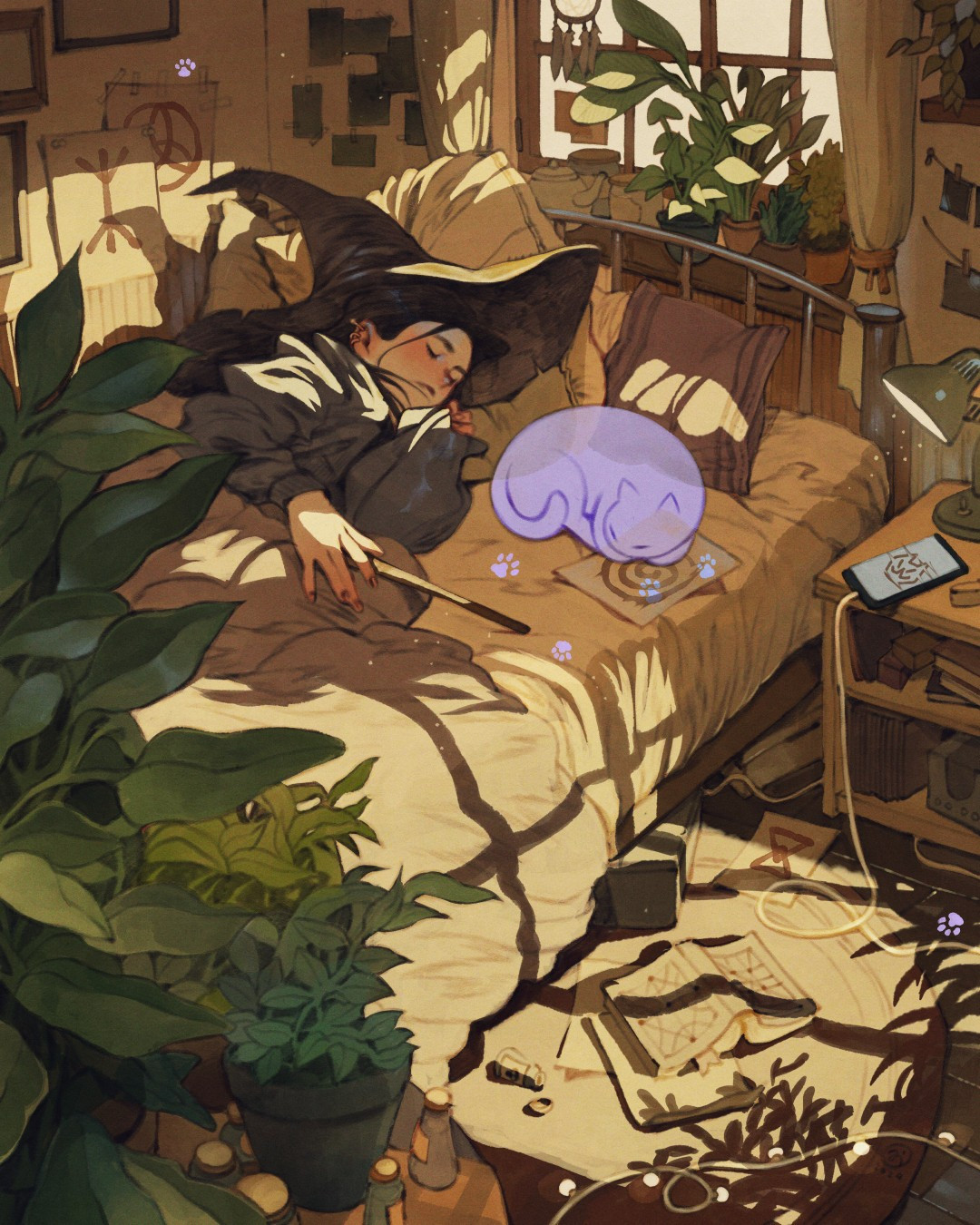 A character taking a nap with their ghost cats. They have a magic wand in their hand and magic symbols and trinkets are all around their room.