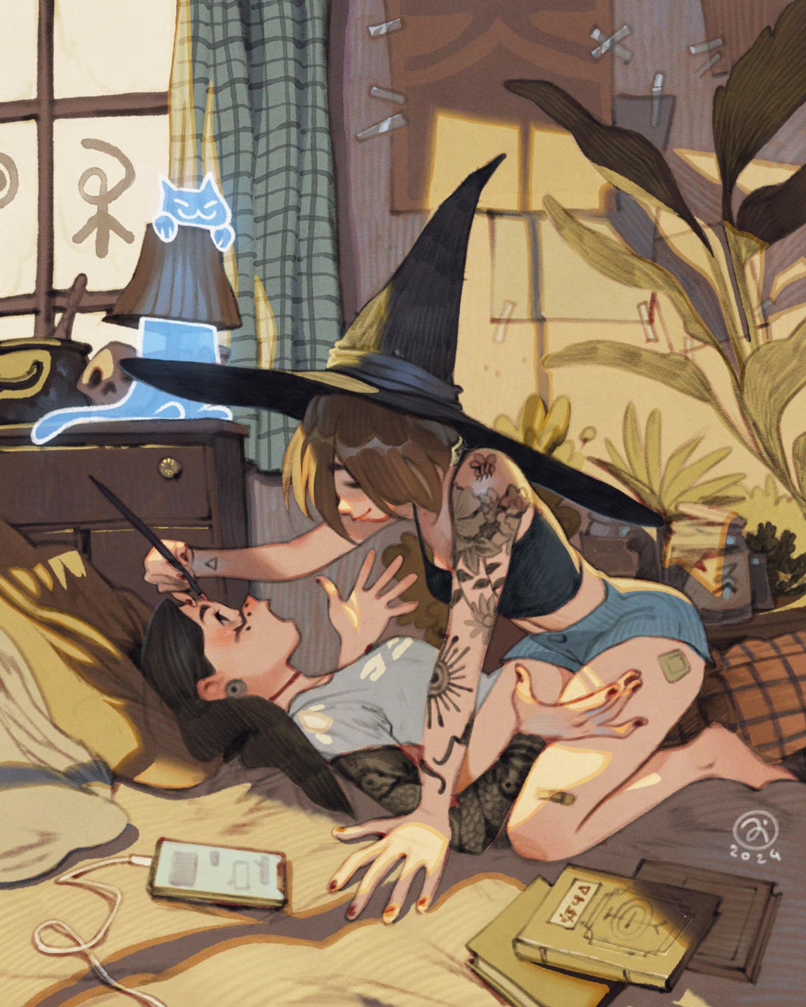 Two characters laying down next to each other. One of them has a witch hat and is face painting the other with a brush. In a lamp in the background there's a ghost cat.