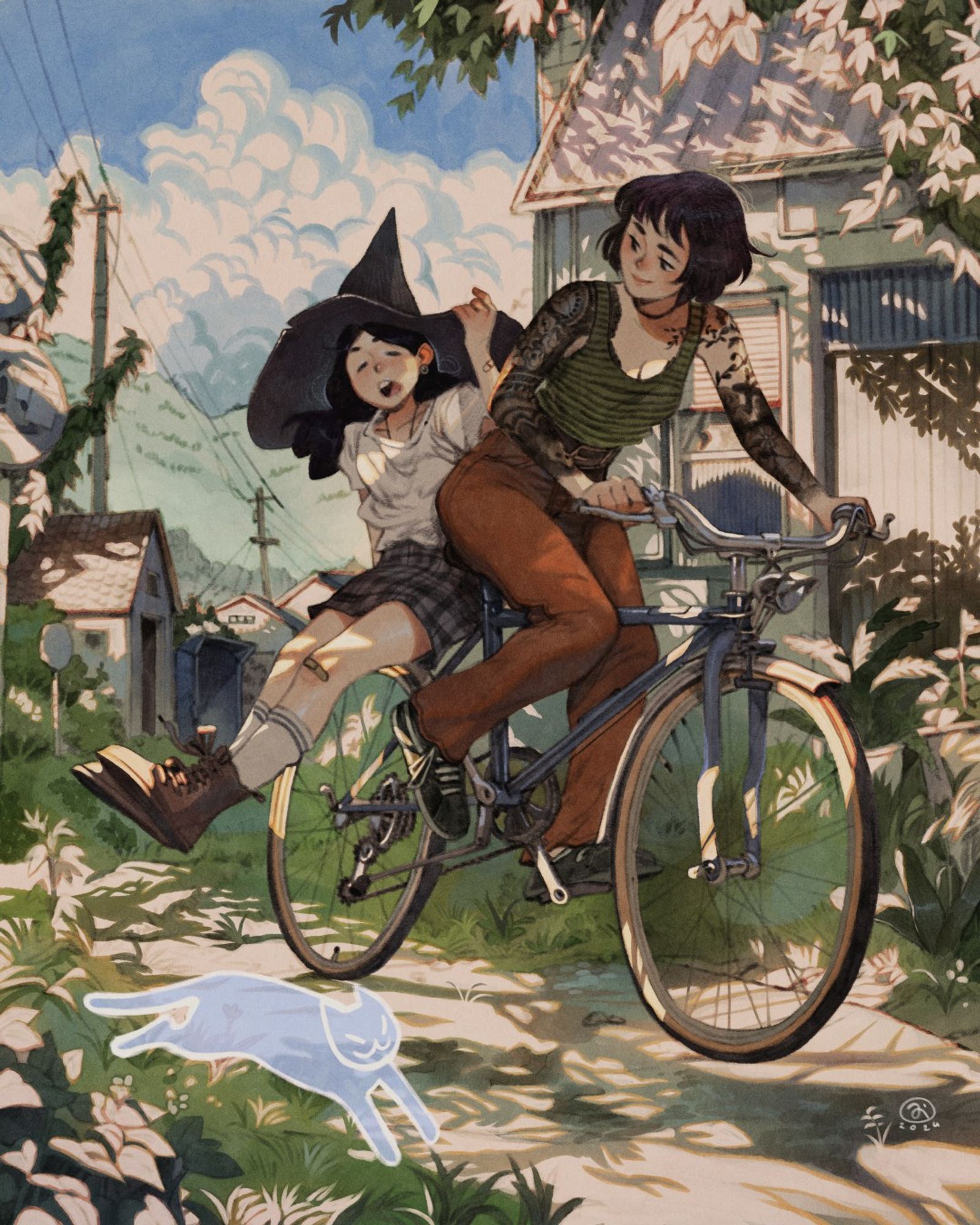 Two characters biking together through the town, followed by a ghost cat.