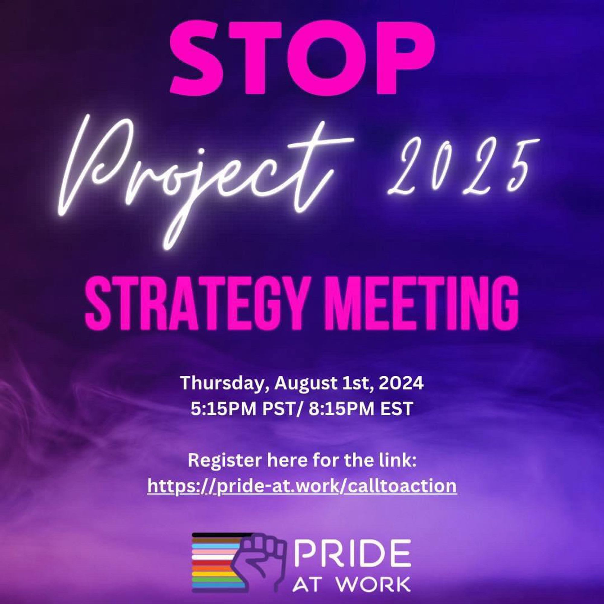 Join us TONIGHT Thursday, August 1st, 2024 at 5:15PM PST/ 8:15PM EST for a community huddle and call to action on stopping Project 2025 and building LGBTQIA+ worker power. 

Register here: https://pride-at.work/calltoaction
#solidarity #Unionyes