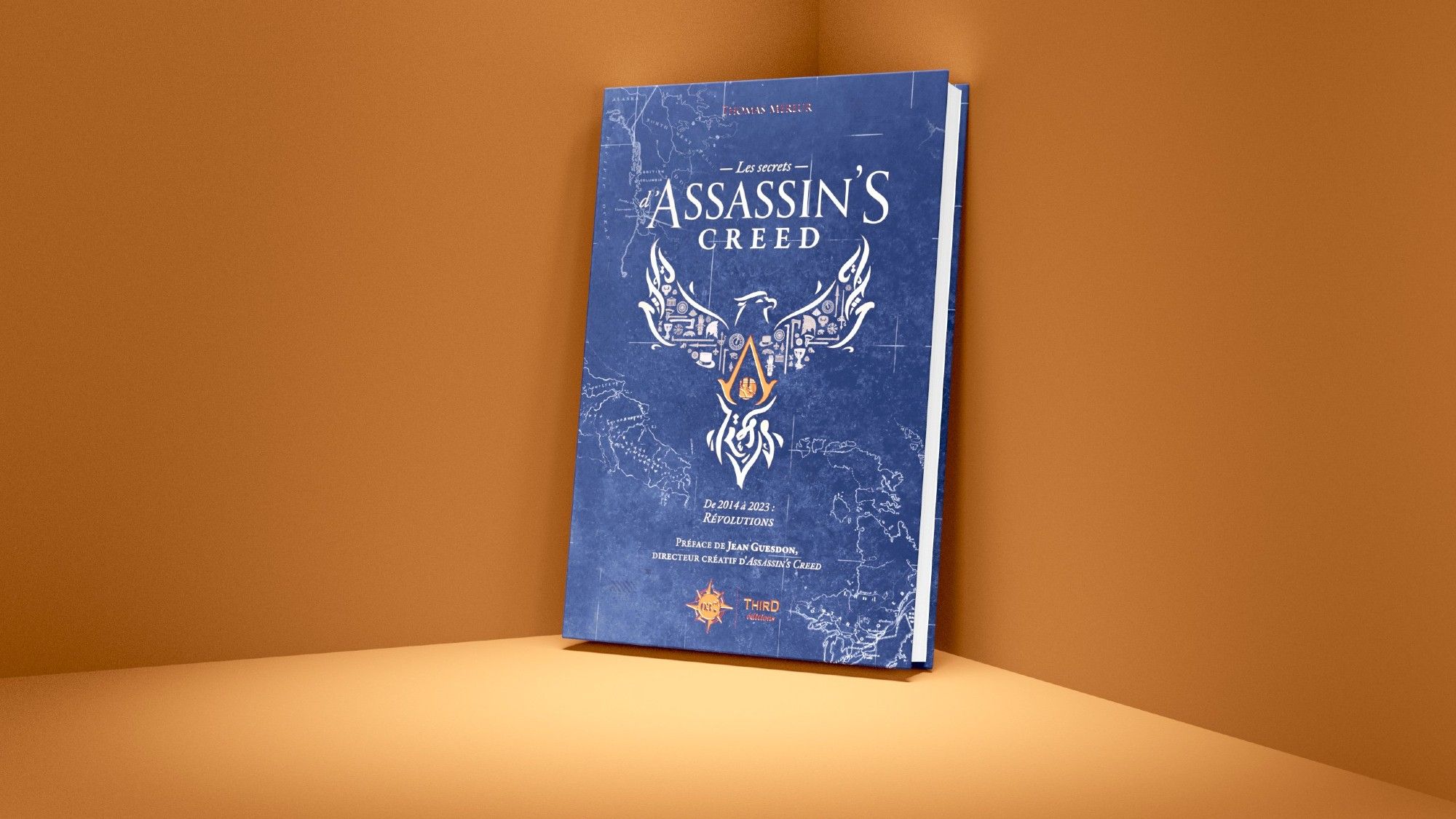 Couverture de mon livre Les Secrets d'Assassin's Creed - De 2014 à 2023 : Révolutions avec un aigle doré, stylisé, composé de divers éléments icôniques des jeux sur un fond bleu nuit.