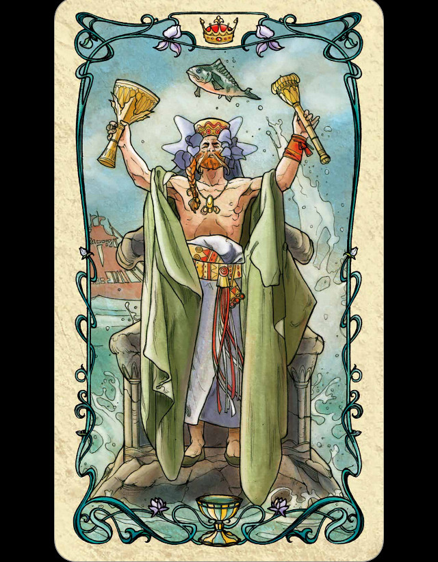 A kingly figure in a green robe stands on a throne made of rock amid the crashing surf. He holds aloft a cup and a scepter in his hands. A fish leaps over his head.