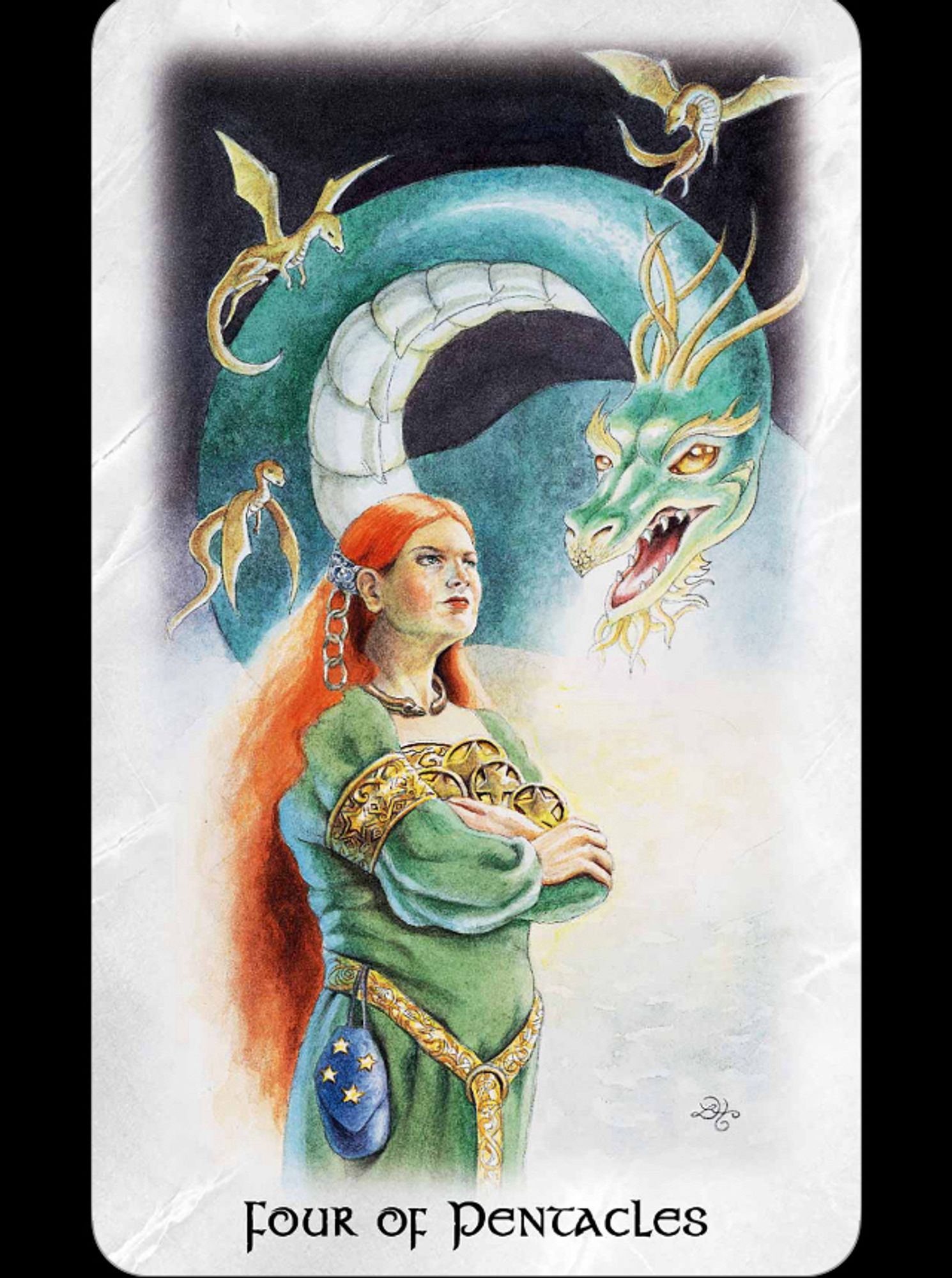 A red-headed woman wearing a green dress, arms crossed, defiantly makes eye contact with a threatening green dragon hovering above her. Three smaller dragons circle above her.