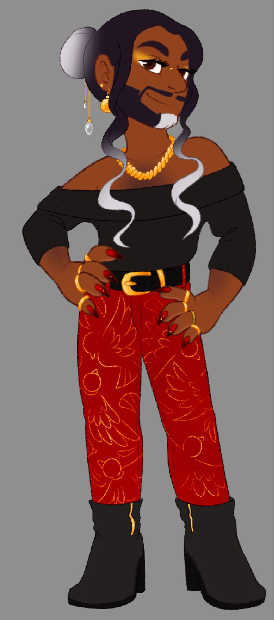 A toony, semi-chibi drawing of a brown bigender person, standing in a sassy pose with his hands on his hips against a solid grey background. His waist-length hair is black at the roots leading into a white ombre, and is tied back into a neat bun with two long wisps cascading down over his chest in waves. There is a white streak over the chin of his well-groomed beard. Two gold chains ending in clear glass drops hang from his bun. Sparkly gold eyeshadow brushes outward on his half-lidded eyes. He is adorned with gold jewelry including a twisting gold chain necklace, and a gold Christmas ornament bauble hangs from his earlobe. There is a wedding ring on his finger, gold inlaid with green tourmaline. He wears a black off-the-shoulder sweater, high-waist red pants patterned with the outlines of gold birds, a black belt with a golden buckle, and high-heeled black boots. His long nails are painted a gradient of red and black with little gold studs.