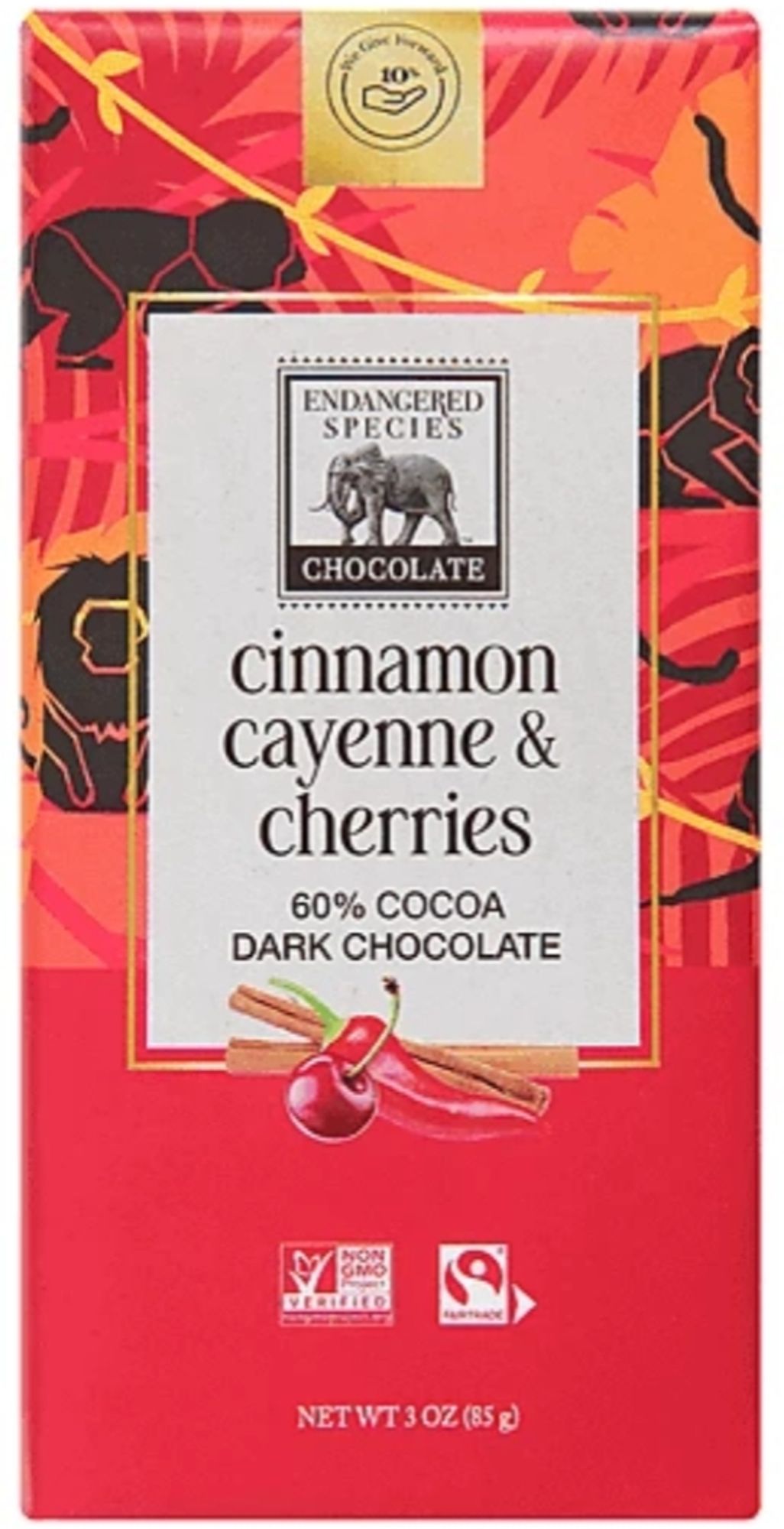 A bar of Endangered Species Chocolate, in "cinnamon cayenne & cherries" flavor, 60% cocoa dark chocolate. The packaging is red with stylized black endangered animals.