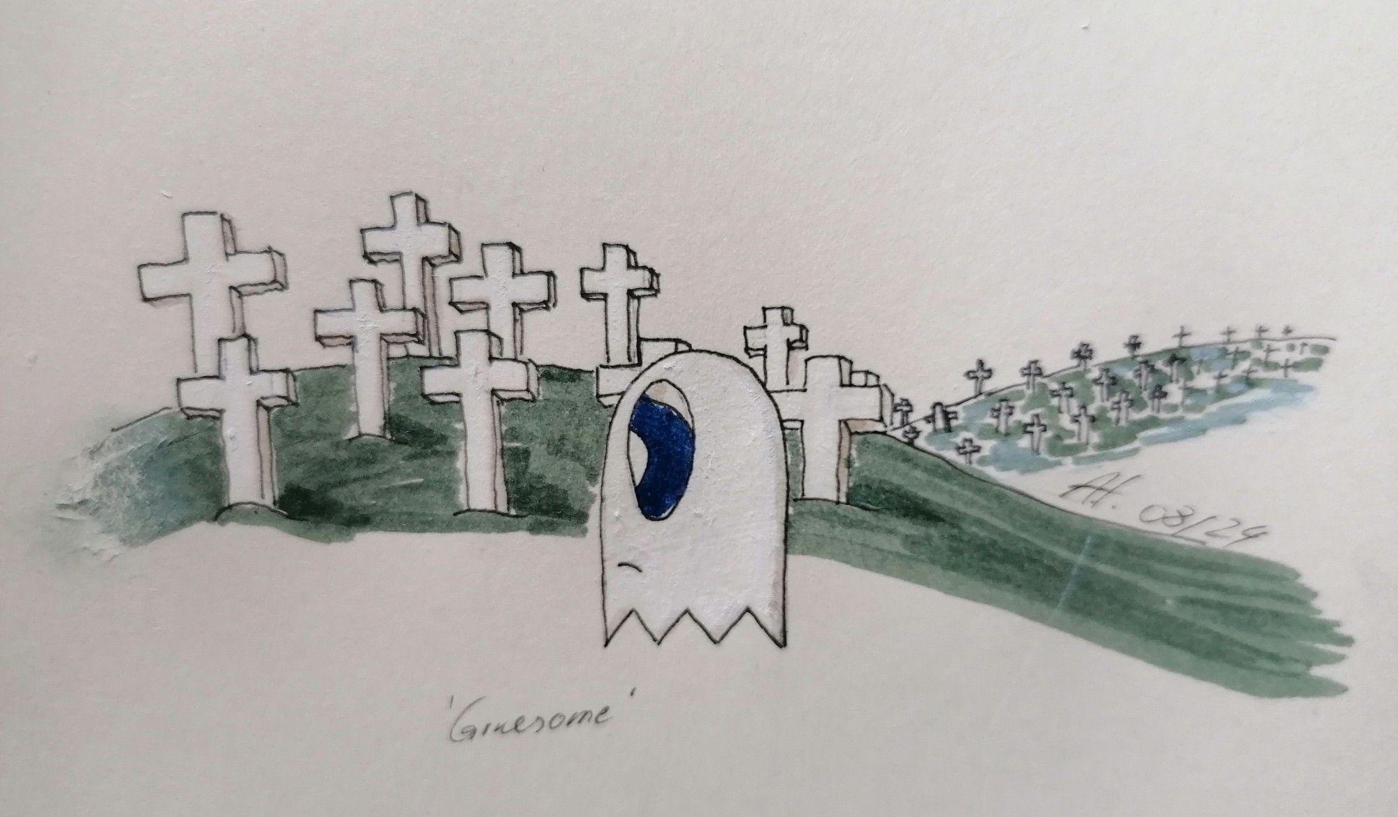 Geist Paul mit traurigem Gesicht auf einem Soldatenfriedhof