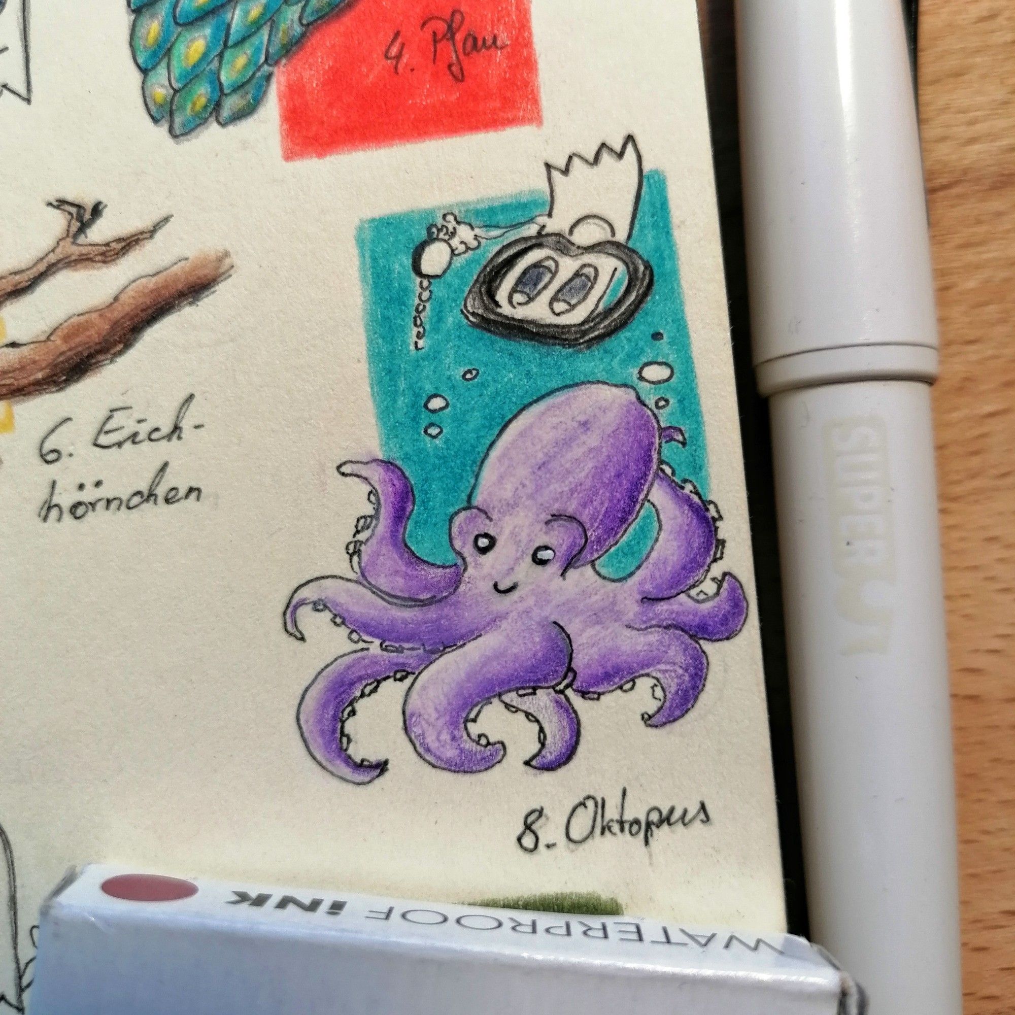 Geist Paul schwimmt uber einem violetten Oktopus und hält diesem ein Monokel entgegen