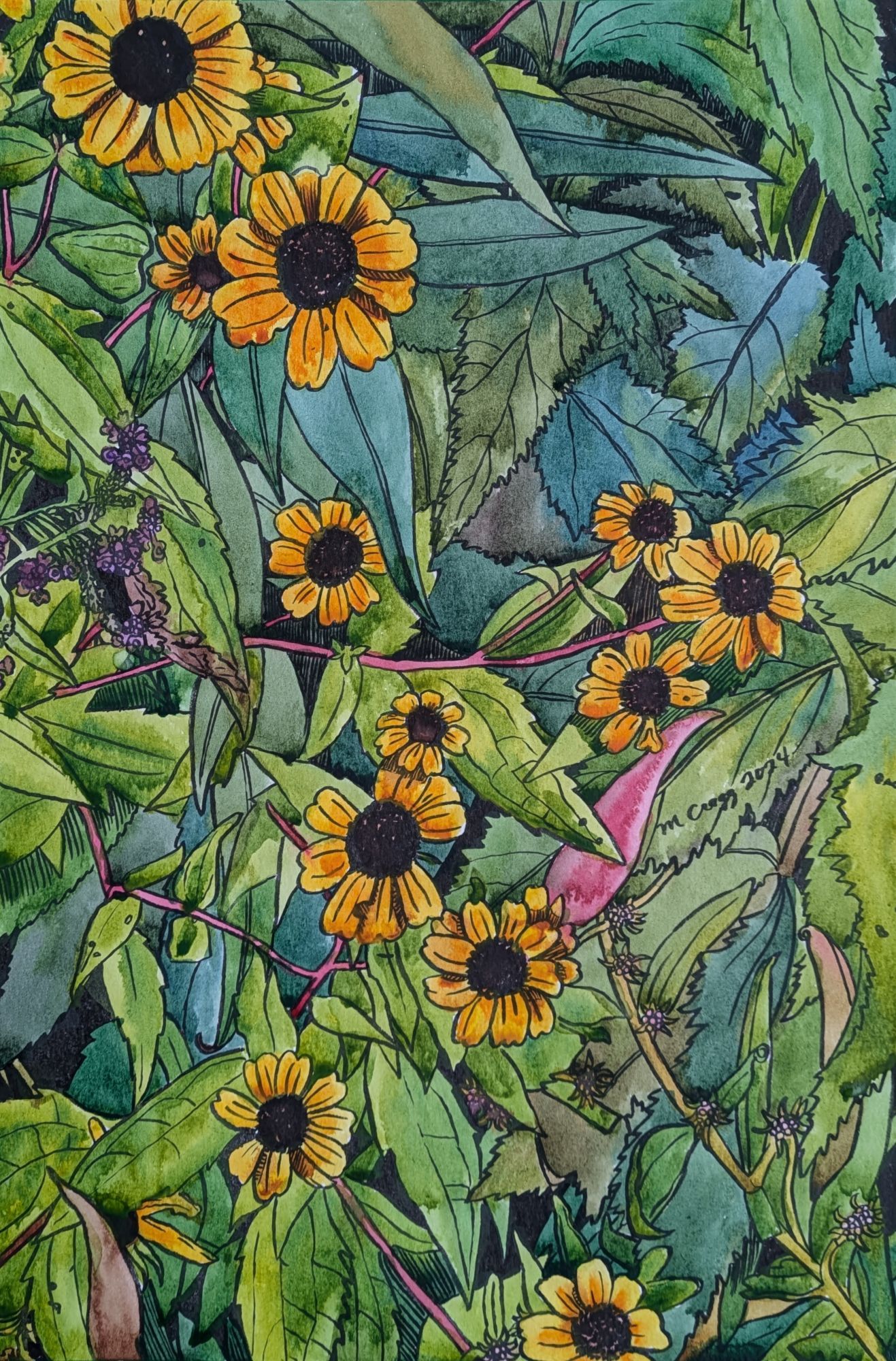 A painting of yellow-petalled daises with black/brown centres. The daisies are intertwined with a variety of leaves of different shapes and sizes in shades of green and reddish brown.