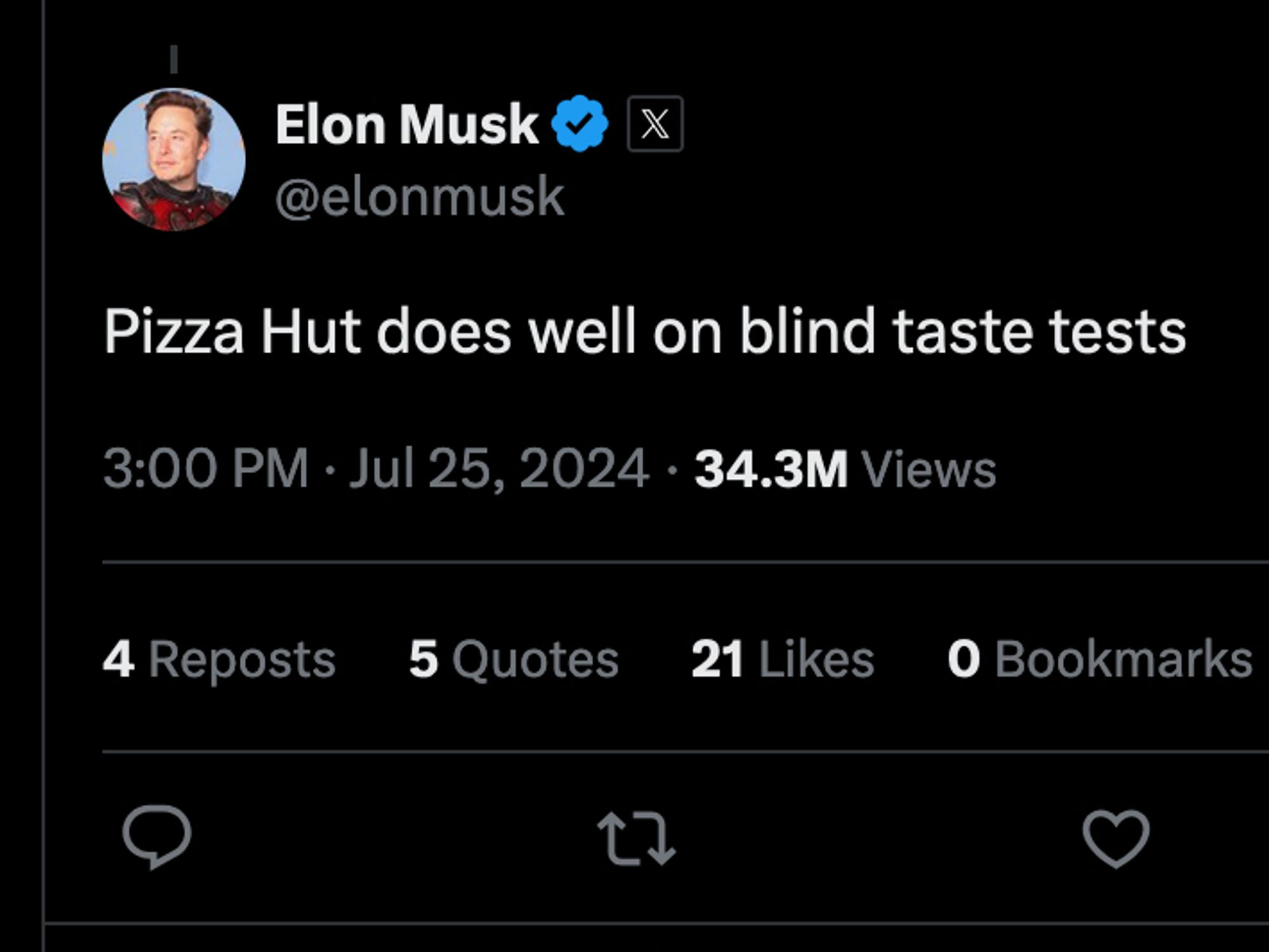 Elon musk tweet (sorry):
"Pizza hut does well on blind taste tests"
34.3M Views
4 Reposts, 5 Quotes, 21 Likes, 0 Bookmarks