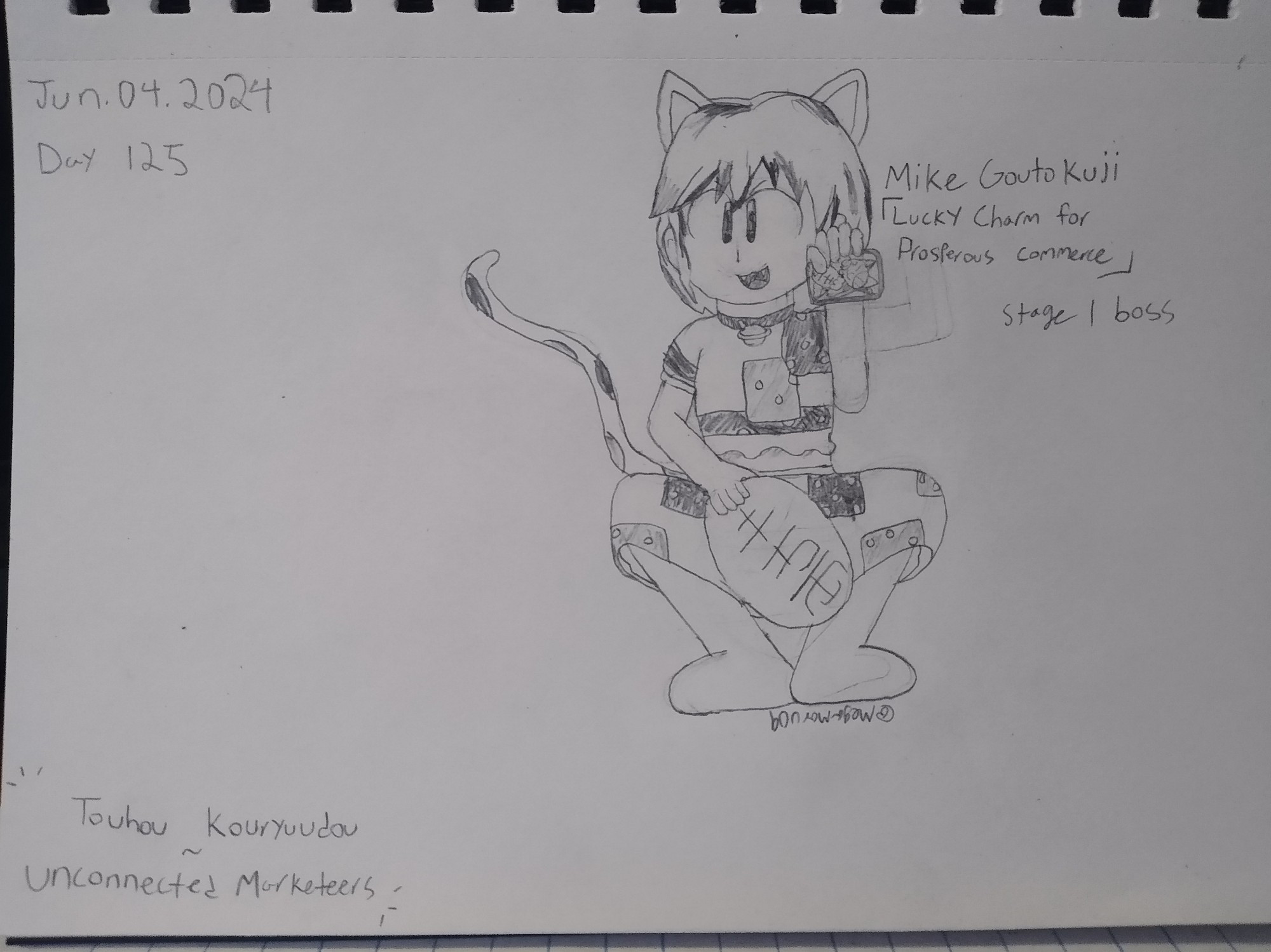 An illustration of Mike recreating the pose made by Maneki-neko's (lucky cats),she has her left hand on a coin while her right is near her face.She is also holding a card on her right hand

Artists note:

I really liked the idea I went for here!,given Mike being based on Maneki-Neko's, I thought basing her pose on those statues of them would've been a funny,but fitting idea.

Additionally,since a key element of unconnected marketeers is the cards,I felt it was right to give Mike a card as well,I specifically chose her card from the game, "Lucky cat with good business skills"