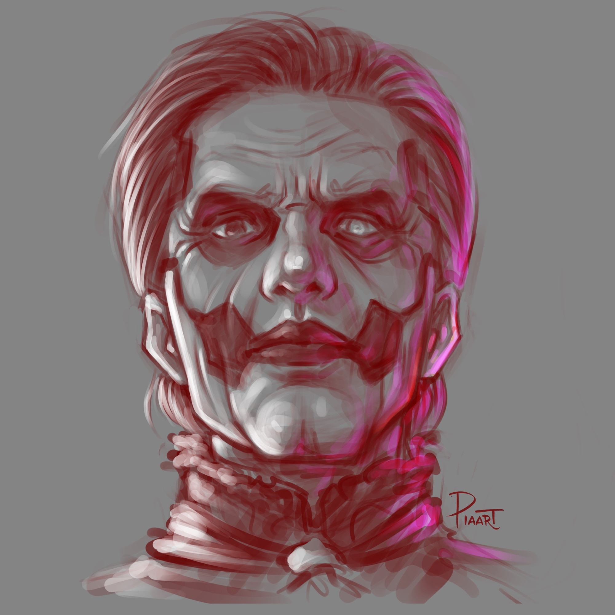 A headshot sketch of Papa Emeritus IV from a low angle and he’s looking down at you