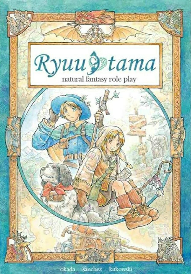 An image of the cover of a book called "Ryuutama: natural fantasy role play". The cover has two people, one with short blond hair, a blue tunic, wide hat, and cloak, wearing many small pouches and holding a walking stick: and the other with shoulder length blind hair, an orange tunic dress, tan hood and large sleeves, a green bag, and large brown boots. Next to them is a fluffy black and white dog with a red scarf, and they are in a circular frame surrounded by a fantasy world map, and many different seasonal dragons at the borders of the book