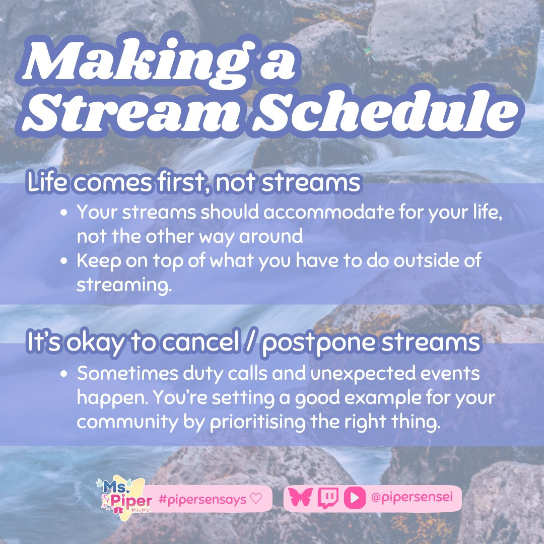 A blue-toned infographic with an image of a stream of water in the background, encouraging VTubers and streamers to prioritise their real lives and to not feel guilty about cancelling streams. 