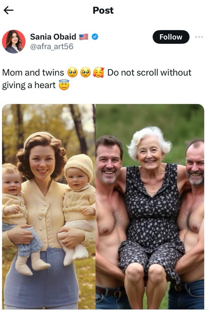 A tweet from an X account with AI generated images - the tweet reads “don’t scroll without giving a heart”