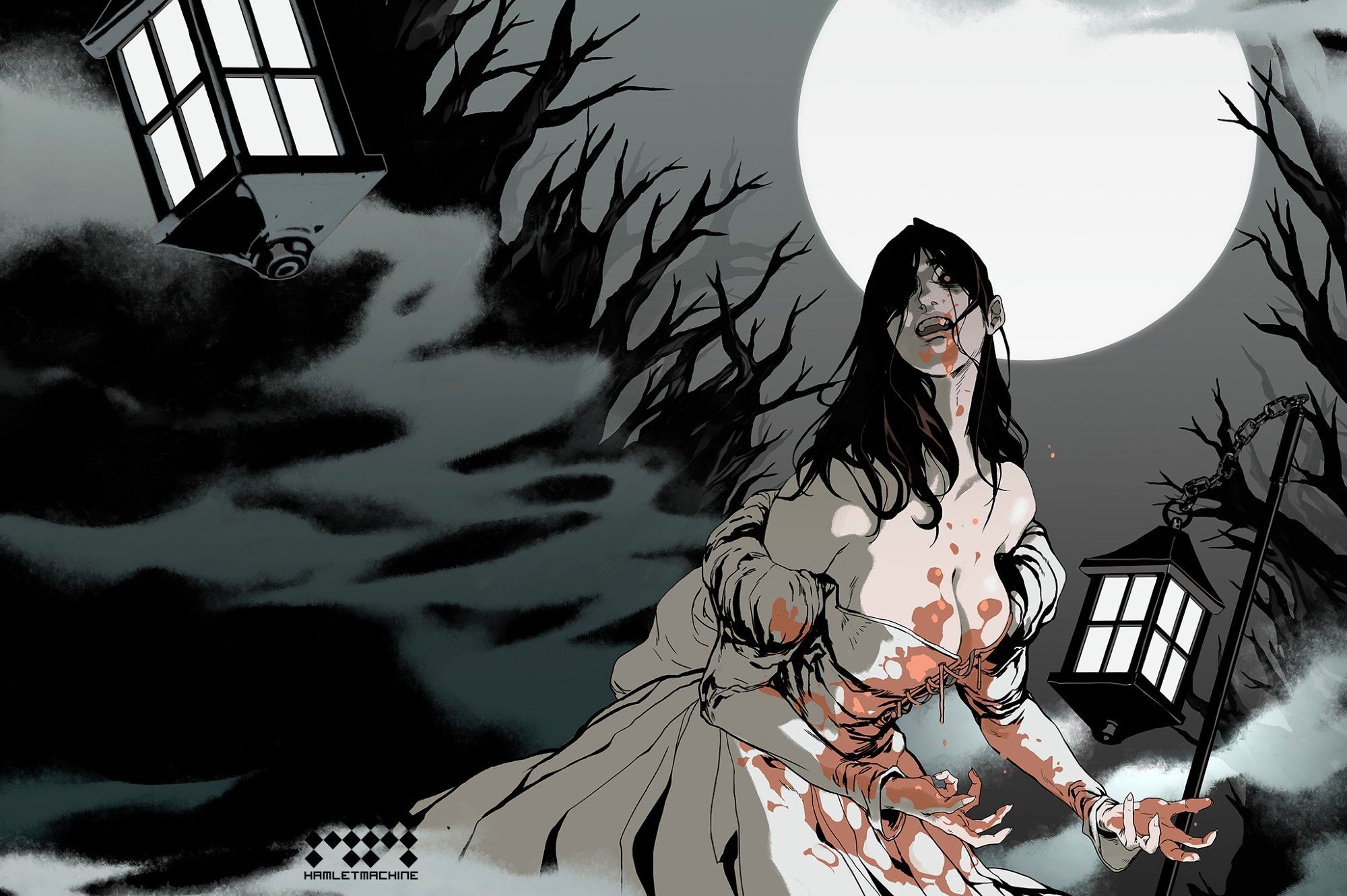 A drawing of a vampire woman in an atmospheric forest with lanterns.