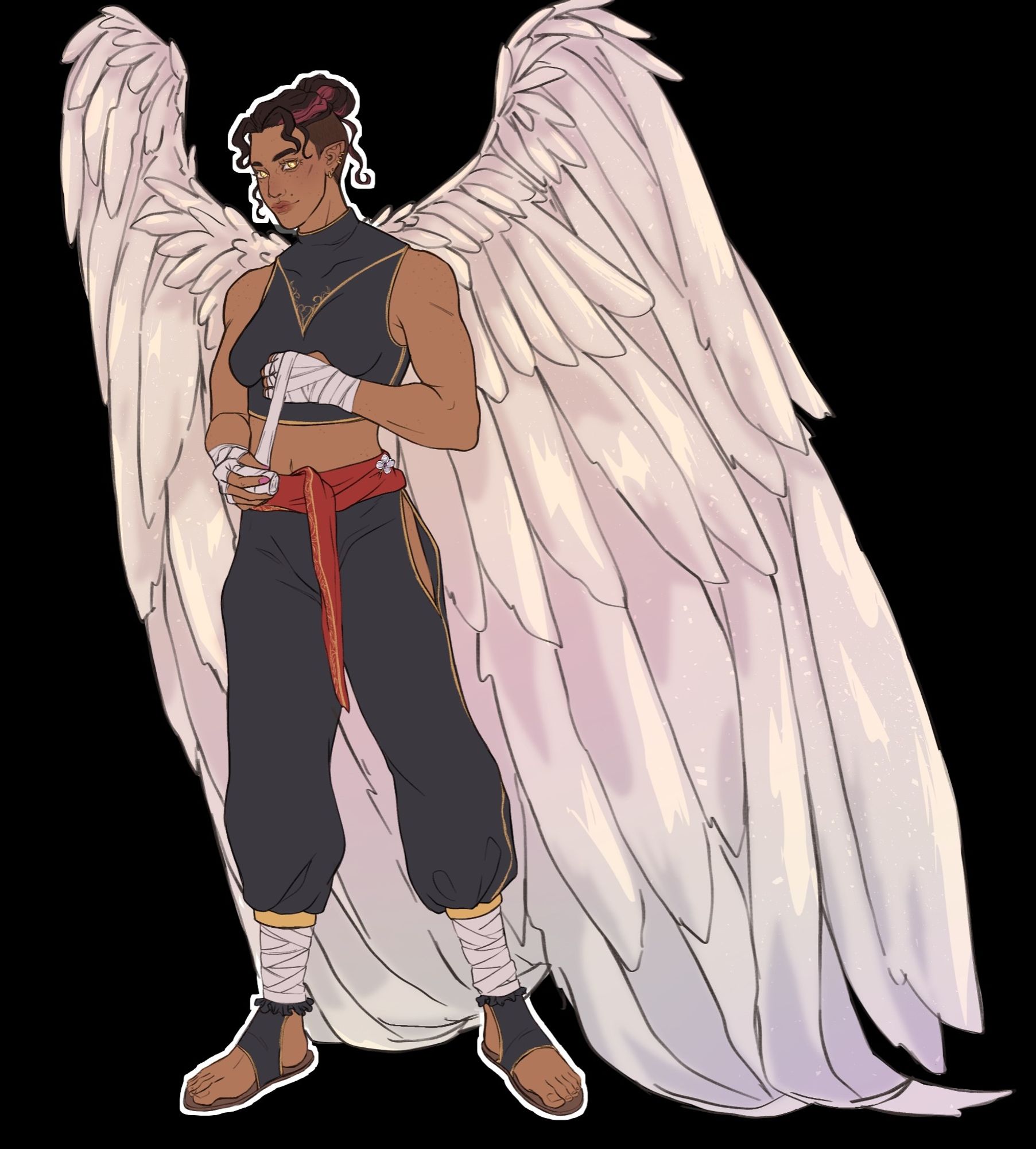 A character for a DND oneshot, based off an existing OC of mine (Niah). Here she is an aasimar open hand monk, pictured with large white wings that droop to the floor. She has a muscular build and wears black, red, and gold. She is wrapping white hand wrappings around her left hand