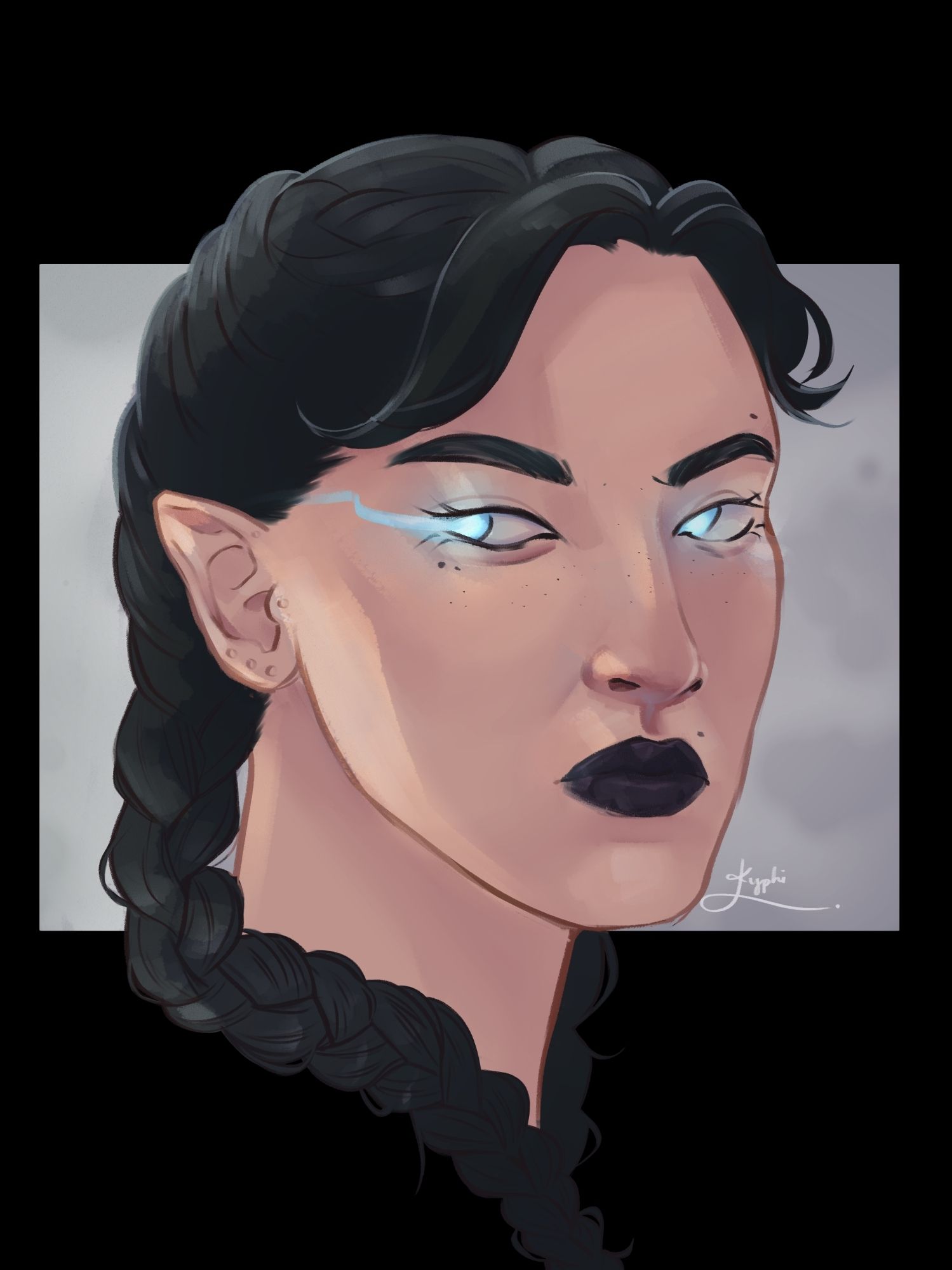 My very first OC I ever made: Kira. She is painted against a stormy grey bg, has her long black hair in twin french braids, and her icy blue eyes emit a trail of light. Her expression is disdainful and cold