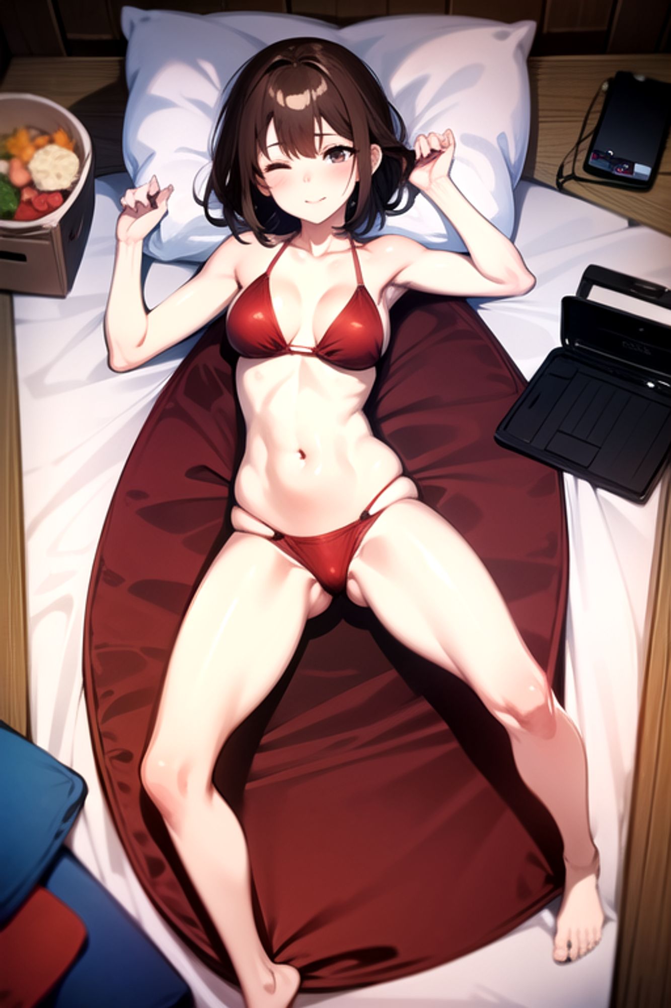 Prompt: (masterpiece), (high resolution 8K),1girl, brown hair, medium hair, brown eyes, full body, red bikini, beach,eyes closed, full body,legs up,overhead shot,lie on bed
Negative prompt: Easy Negative, (worst quality:2), (low quality:2), (normal quality:2), lowers normal quality, monochrome, grayscale, missing fingers, extra fingers, extra arms, ugly face, fat, thick eyebrows, skin spots, acnes, skin blemishes, age spot,watermark, text
Steps: 20, Sampler: DPM++ 2M Karras, CFG scale: 7, Seed: 1144948392, Size: 512x768, Model hash: 7eb674963a, Model: hassakuHentaiModel_v13, VAE hash: 735e4c3a44, VAE: blessed2.vae.safetensors, Clip skip: 2, Version: v1.7.0
