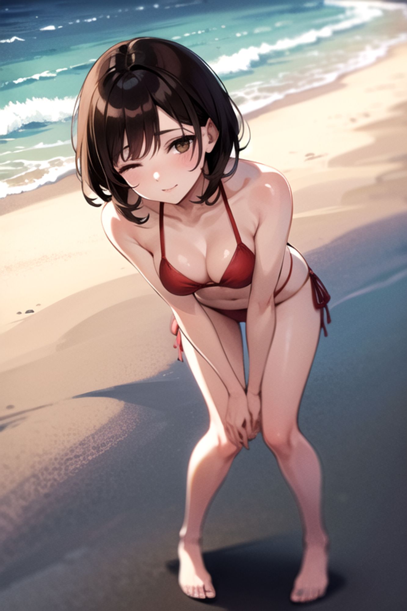 Prompt: (masterpiece), (high resolution 8K),1girl, brown hair, medium hair, brown eyes, full body, red bikini, beach,eyes closed, full body,leaning forward,overhead shot,leaning forward
Negative prompt: Easy Negative, (worst quality:2), (low quality:2), (normal quality:2), lowers normal quality, monochrome, grayscale, missing fingers, extra fingers, extra arms, ugly face, fat, thick eyebrows, skin spots, acnes, skin blemishes, age spot,watermark, text
Steps: 20, Sampler: DPM++ 2M Karras, CFG scale: 7, Seed: 1014981354, Size: 512x768, Model hash: 7eb674963a, Model: hassakuHentaiModel_v13, VAE hash: 735e4c3a44, VAE: blessed2.vae.safetensors, Clip skip: 2, Version: v1.7.0
